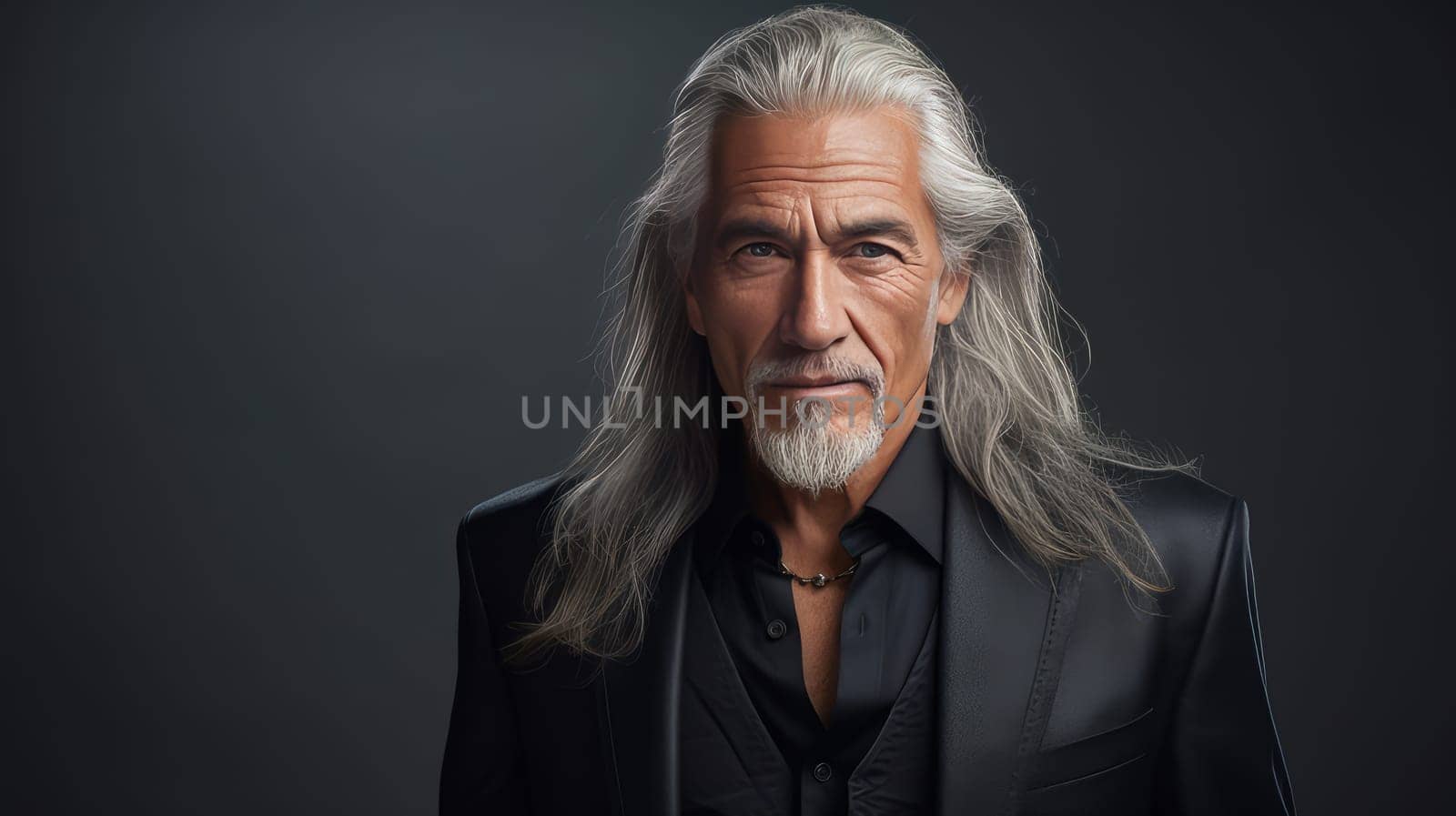 Handsome elderly Latino with long gray hair, on a dark gray background, banner. Advertising of cosmetic products, spa treatments, shampoos and hair care products, dentistry and medicine, perfumes and cosmetology for older men.