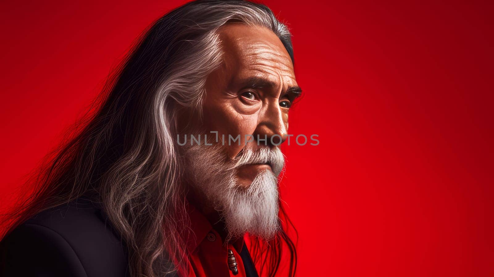 Handsome elderly Latino with long gray hair, on a red background, banner. Advertising of cosmetic products, spa treatments, shampoos and hair care products, dentistry and medicine, perfumes and cosmetology for older men.