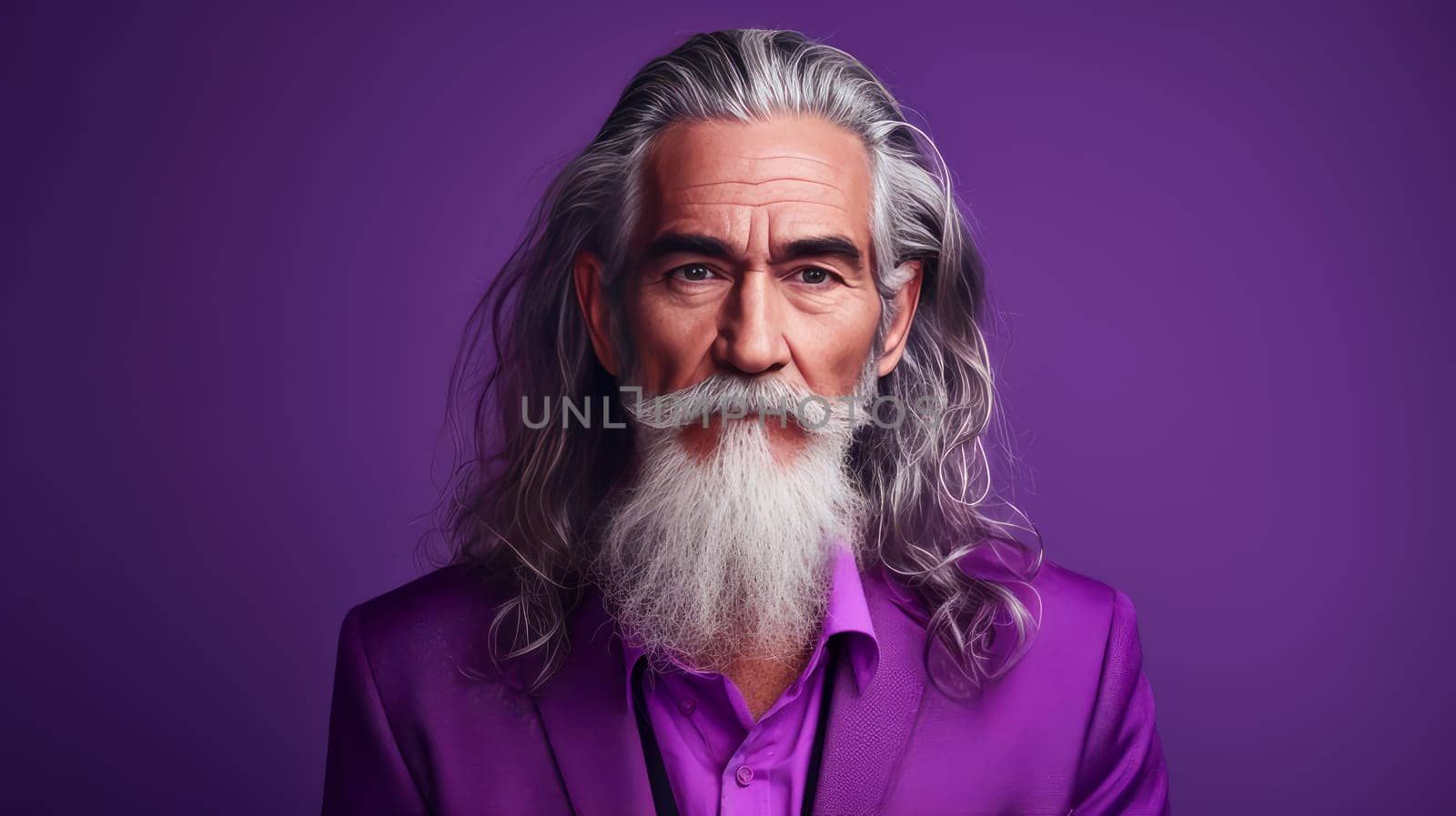 Handsome elderly Latino with long gray hair, on a purple background, banner. Advertising of cosmetic products, spa treatments, shampoos and hair care products, dentistry and medicine, perfumes and cosmetology for older men.