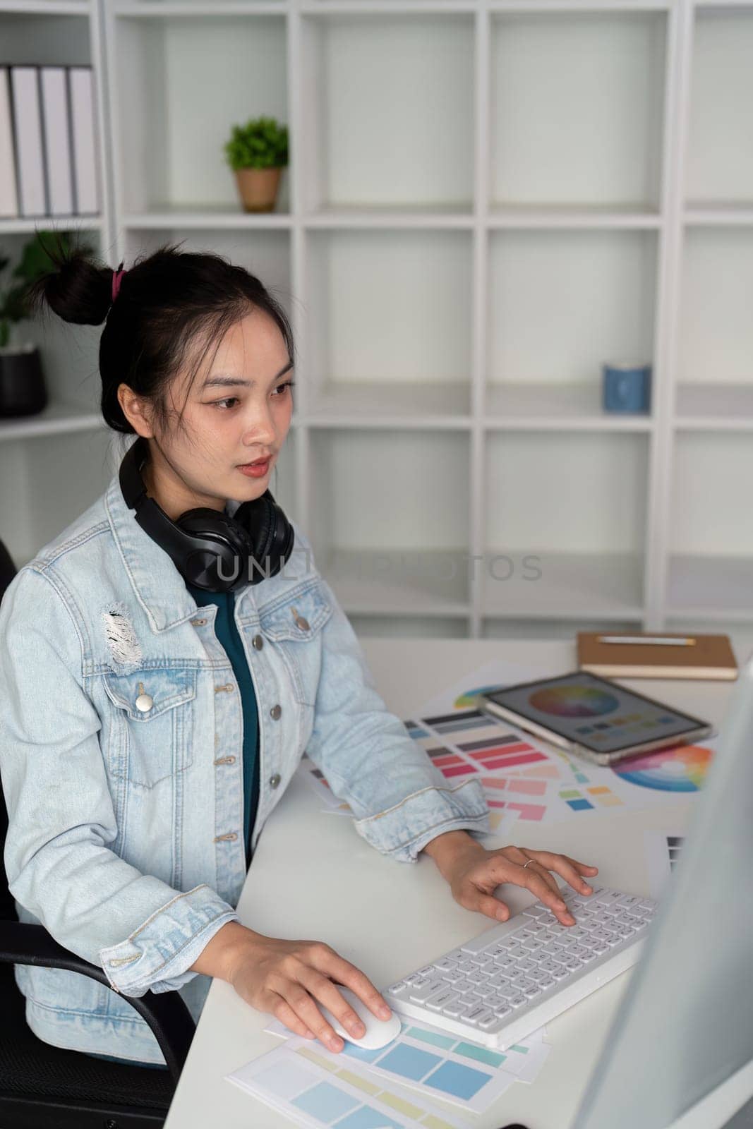 Asian woman graphic designer working in home office. Artist creative designer illustrator graphic skill concept.