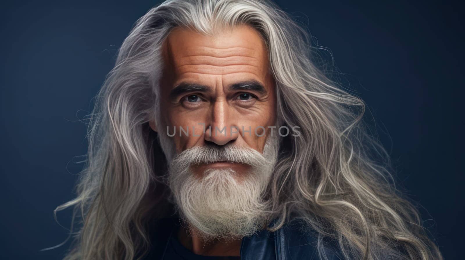 Handsome elderly Latino with long gray hair, on a dark blue background, banner. Advertising of cosmetic products, spa treatments, shampoos and hair care products, dentistry and medicine, perfumes and cosmetology for older men.