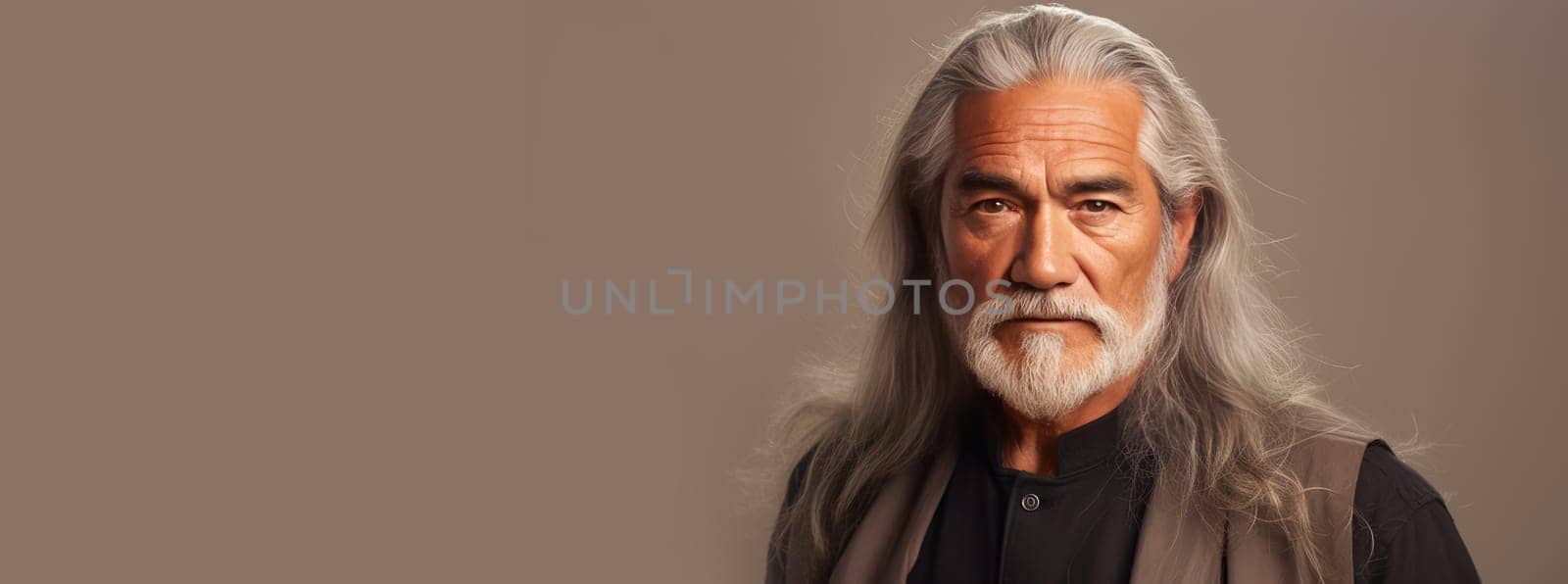 Handsome elderly Latino with long gray hair, on a silver background, banner. by Alla_Yurtayeva