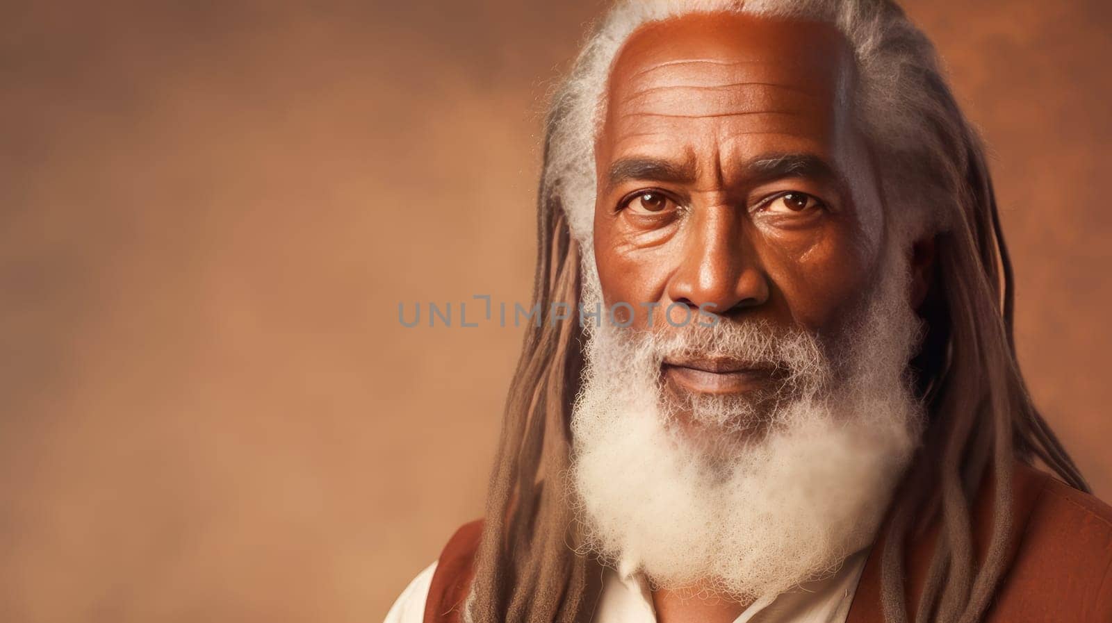 Handsome elderly black African American man with long dreadlocks, on beige background, banner. Advertising of cosmetic products, spa treatments, shampoos and hair care products, dentistry and medicine, perfumes and cosmetology for older men.