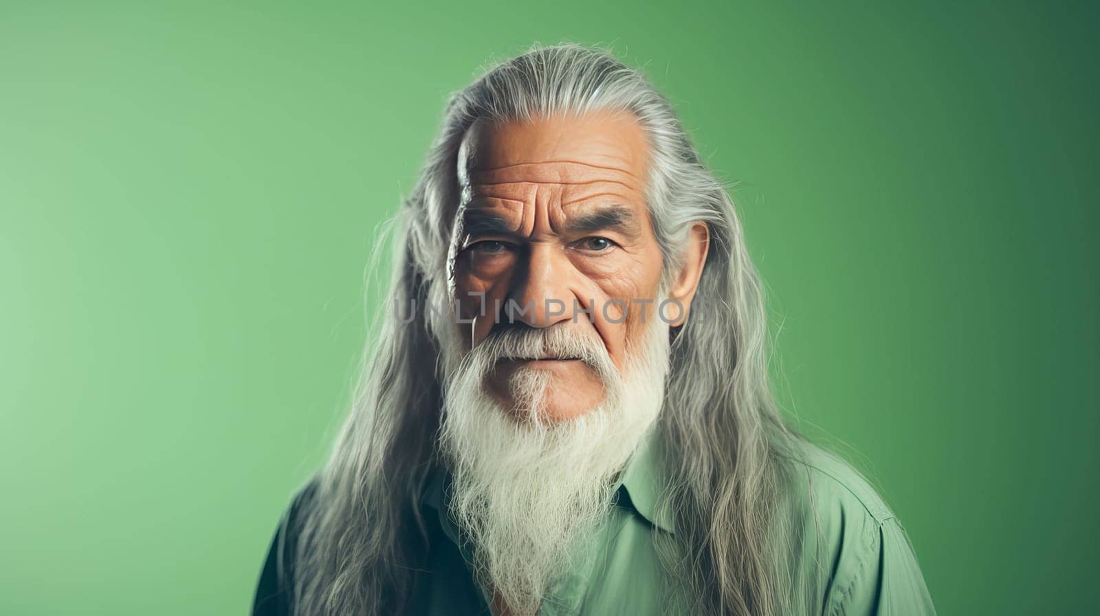 Handsome elderly Latino with long gray hair, on a light green background, banner. Advertising of cosmetic products, spa treatments, shampoos and hair care products, dentistry and medicine, perfumes and cosmetology for older men.