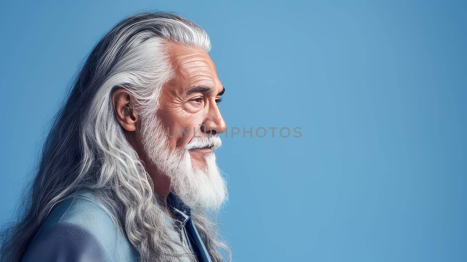Handsome elderly Latino with long gray hair, on a light blue background, banner. Advertising of cosmetic products, spa treatments, shampoos and hair care products, dentistry and medicine, perfumes and cosmetology for older men.