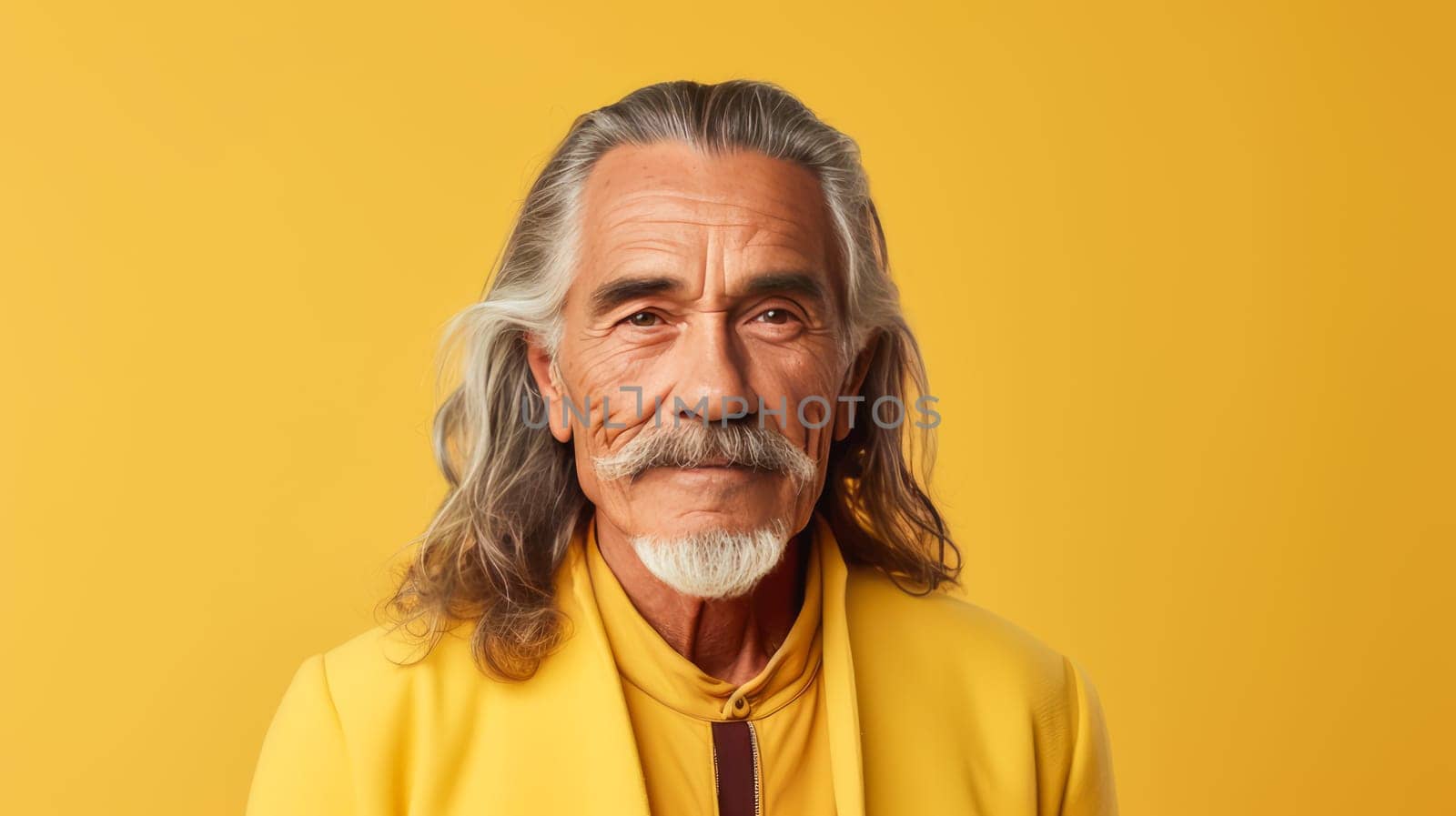 Handsome elderly Latino with long gray hair, on a yellow background, banner. Advertising of cosmetic products, spa treatments, shampoos and hair care products, dentistry and medicine, perfumes and cosmetology for older men.