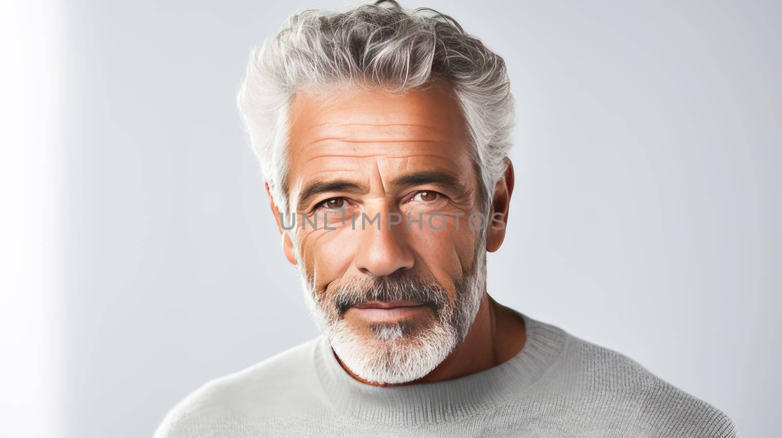 Handsome elderly elegant Latino with gray hair, on a white background, banner, active old age. Advertising of cosmetic products, spa treatments, shampoos and hair care products, dentistry and medicine, perfumes and cosmetology for older men.
