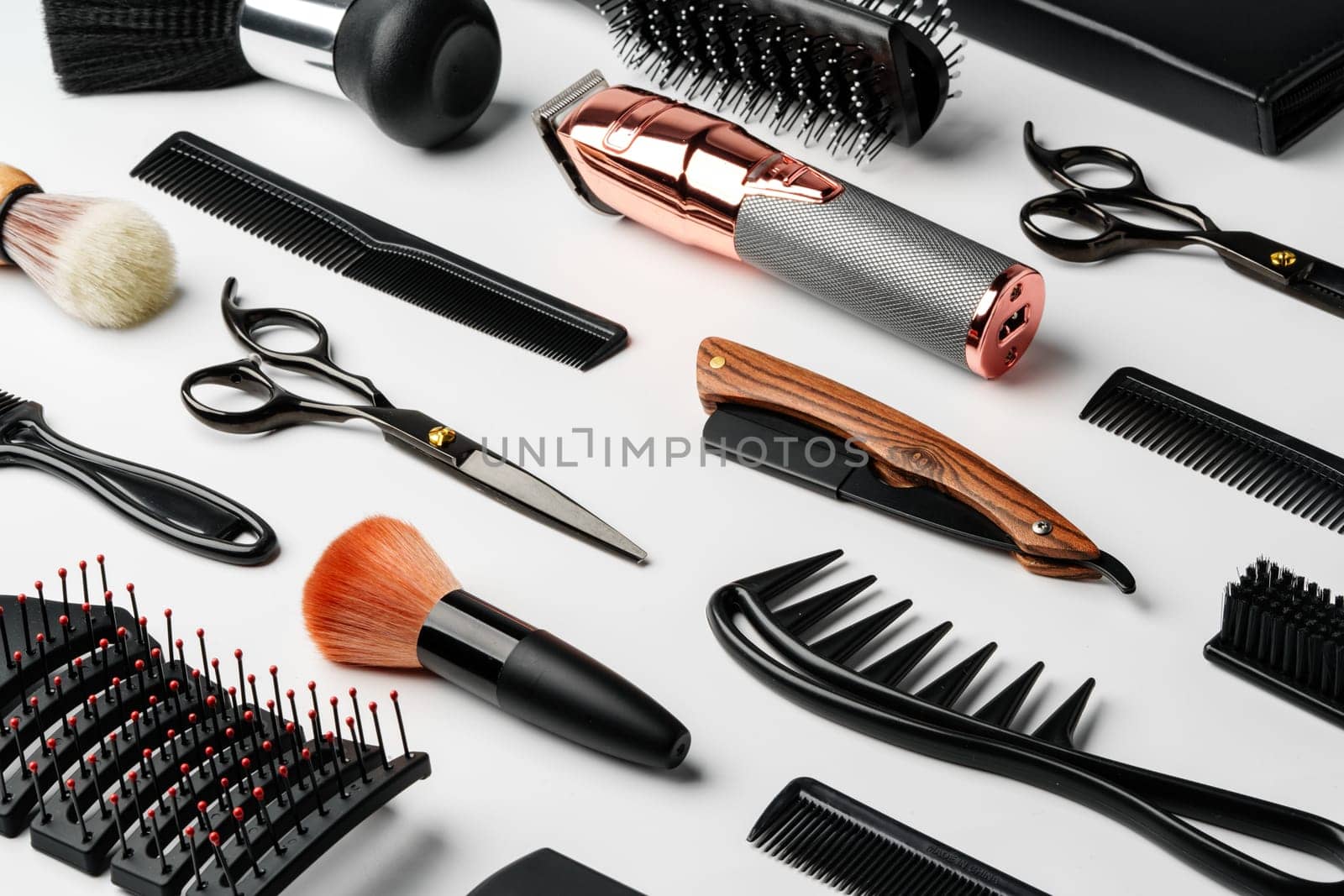 Pattern of various shaving and bauty care accessories for men on gray background flat lay