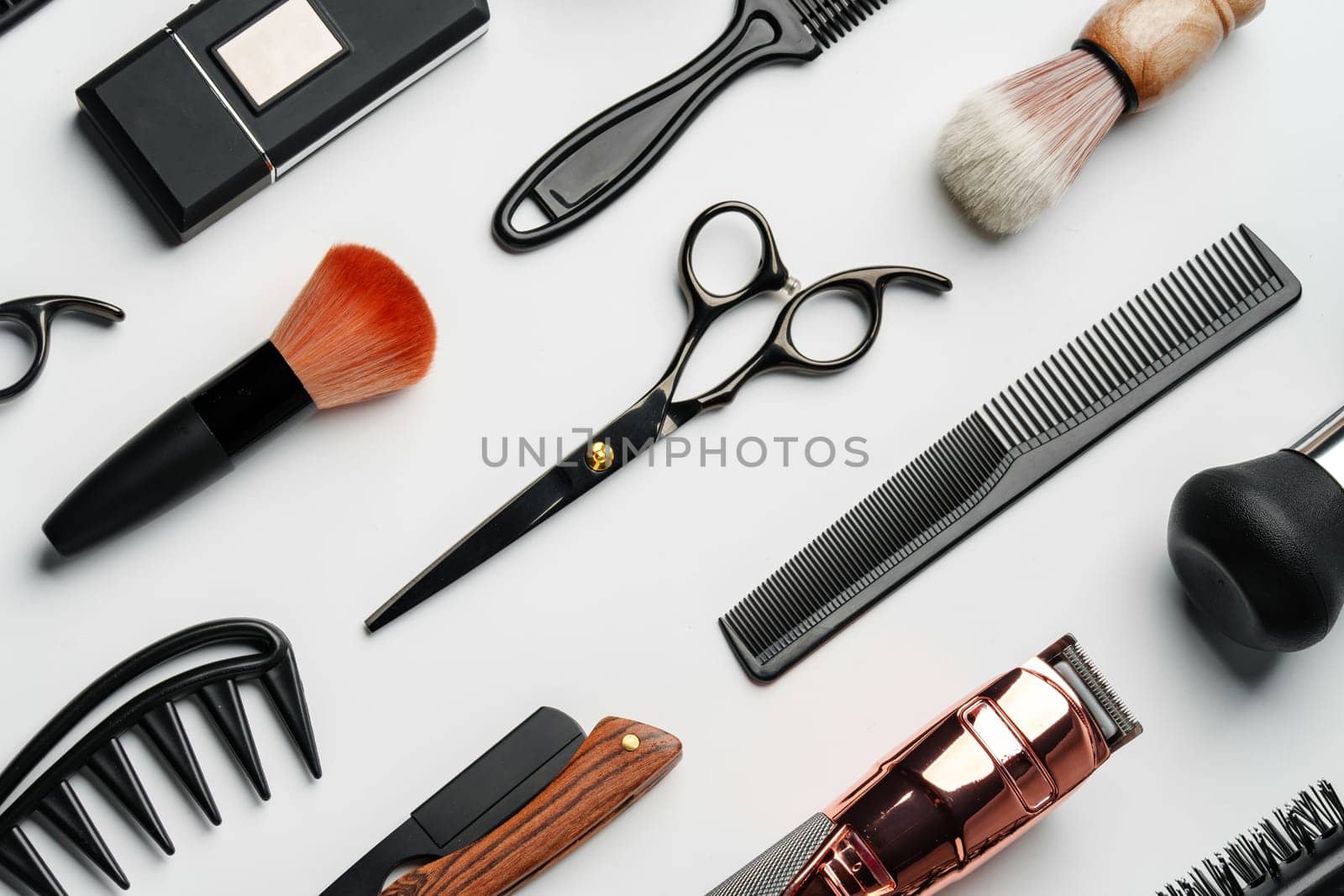 Pattern of various shaving and bauty care accessories for men on gray background flat lay
