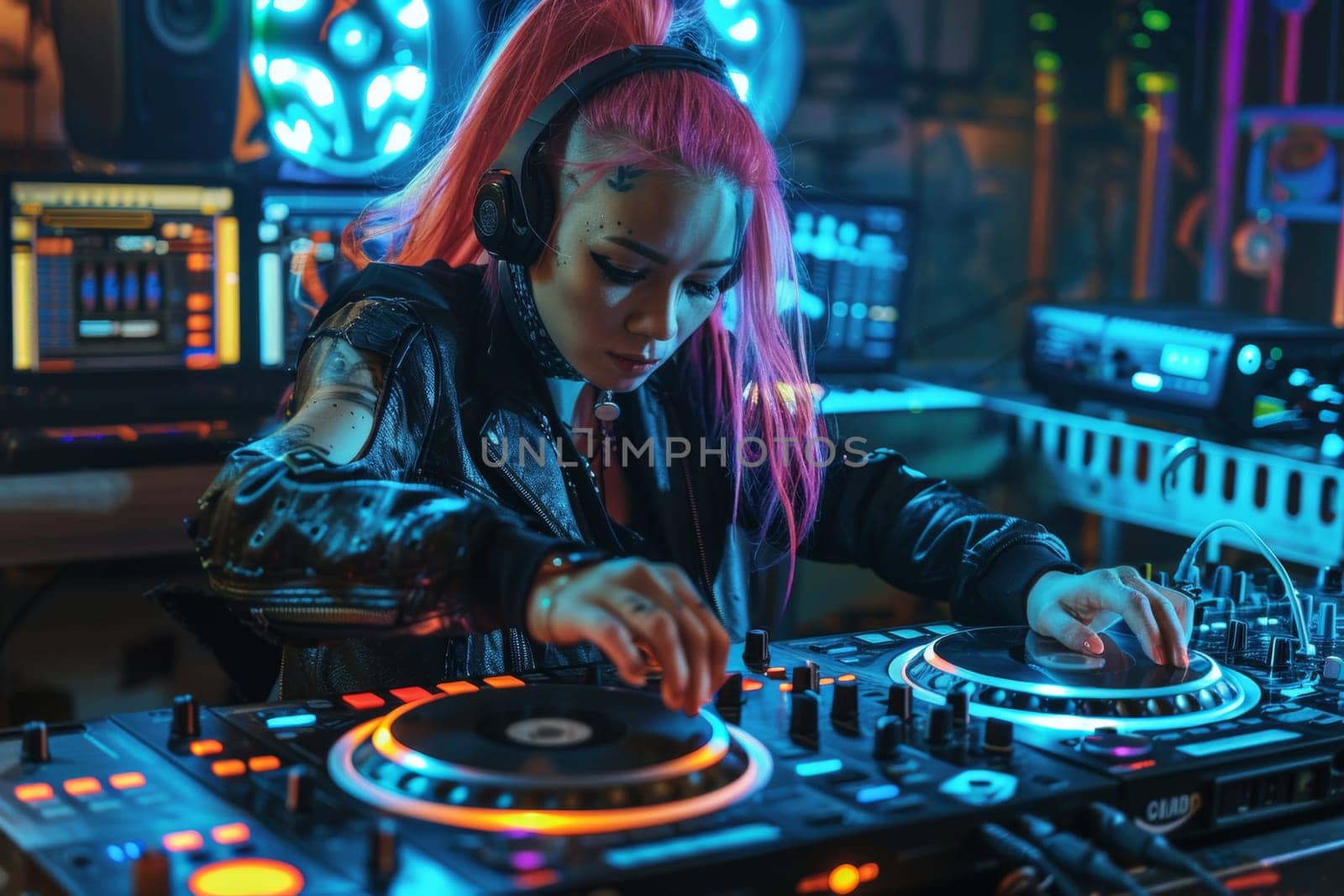 Cyberpunk DJ girl playing music in a nightclub.