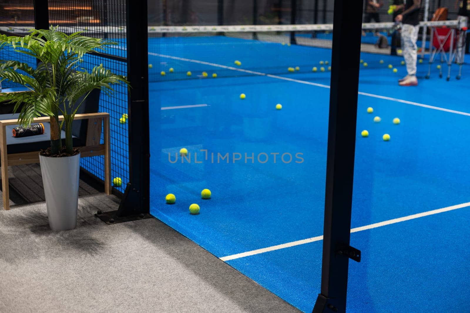 Blue padel and tennis net and hard court. Tennis competition concept. Horizontal sport theme poster, greeting cards, headers, website and app . High quality photo