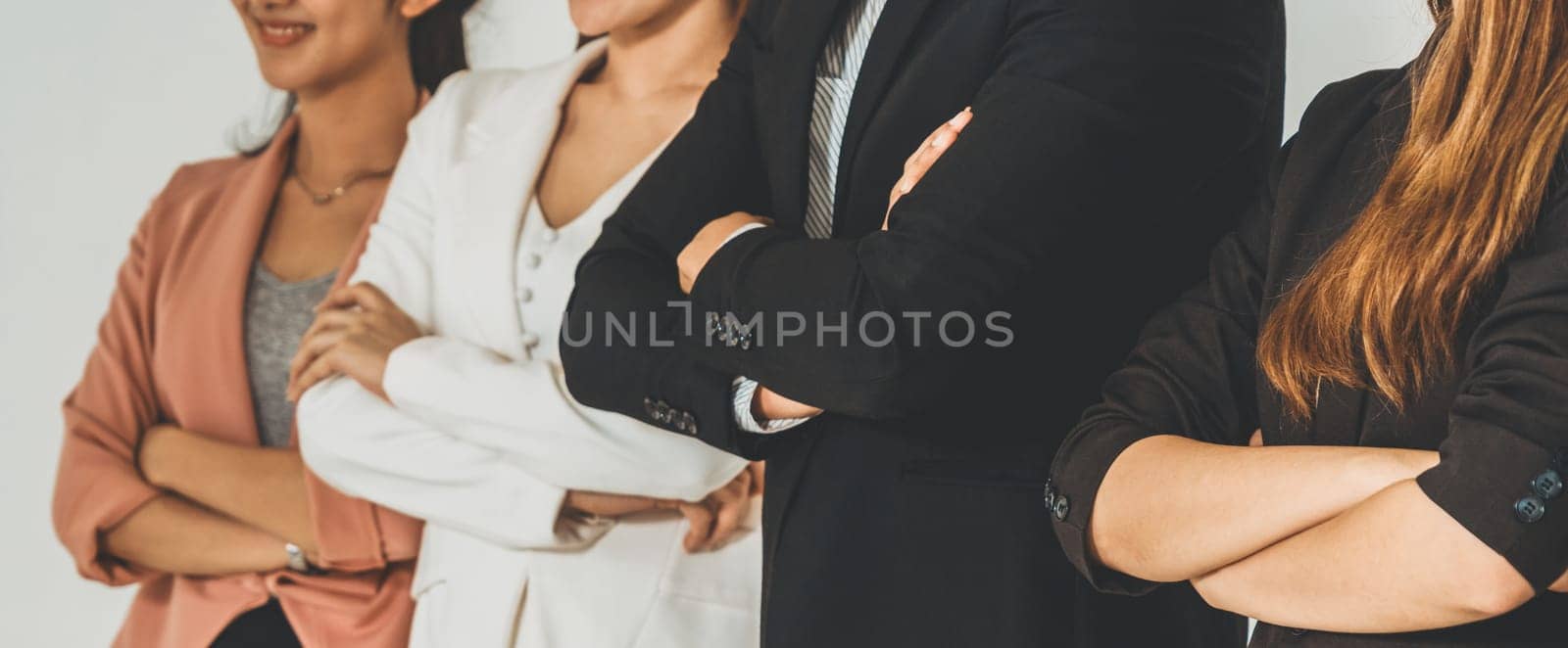 Businesswomen and businessman standing in row in office. Corporate business and teamwork concept. uds