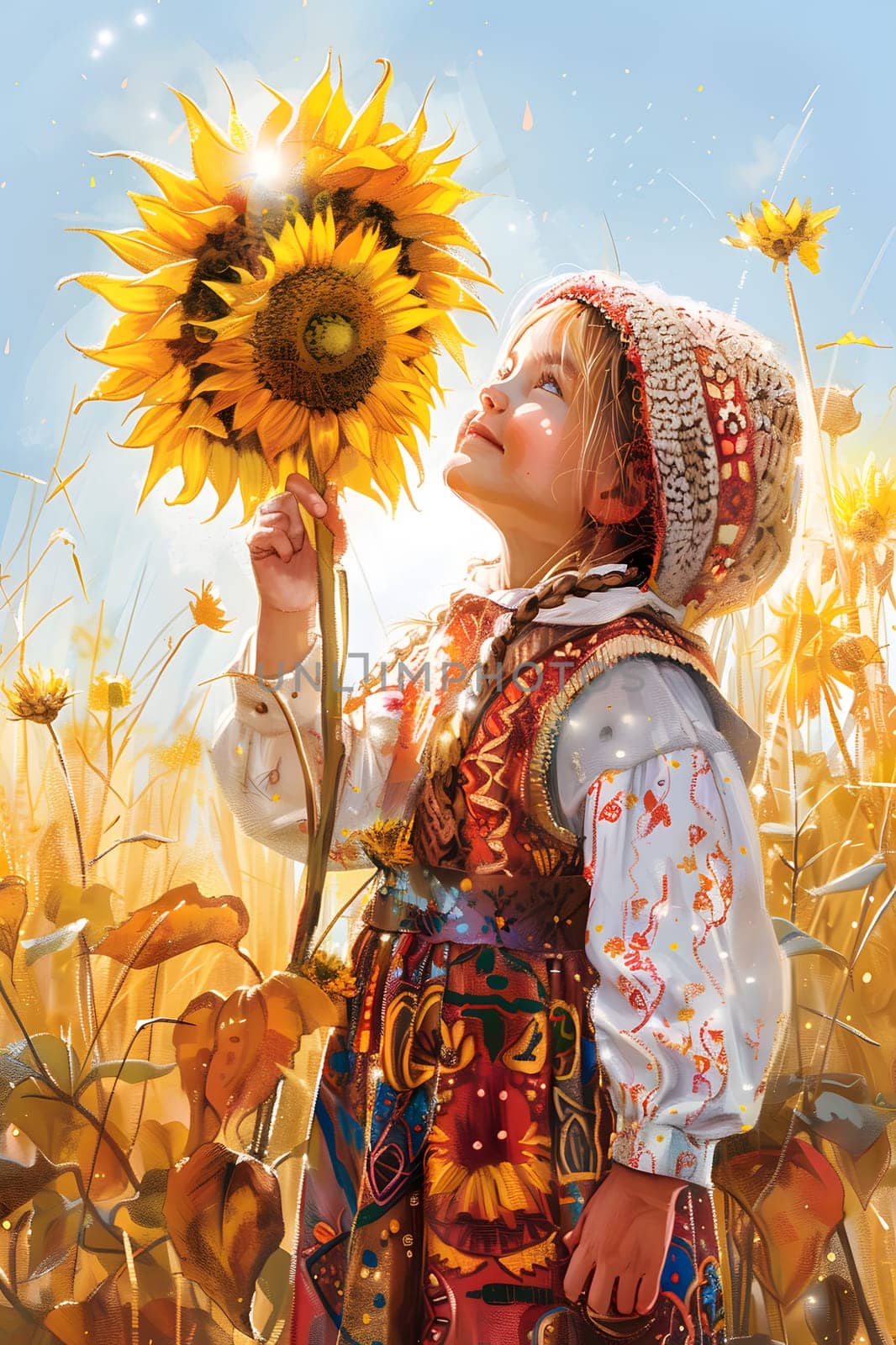 A young girl joyfully holds a vibrant sunflower in a beautiful field, surrounded by grass and under a clear blue sky, creating a picturesque scene of people in nature