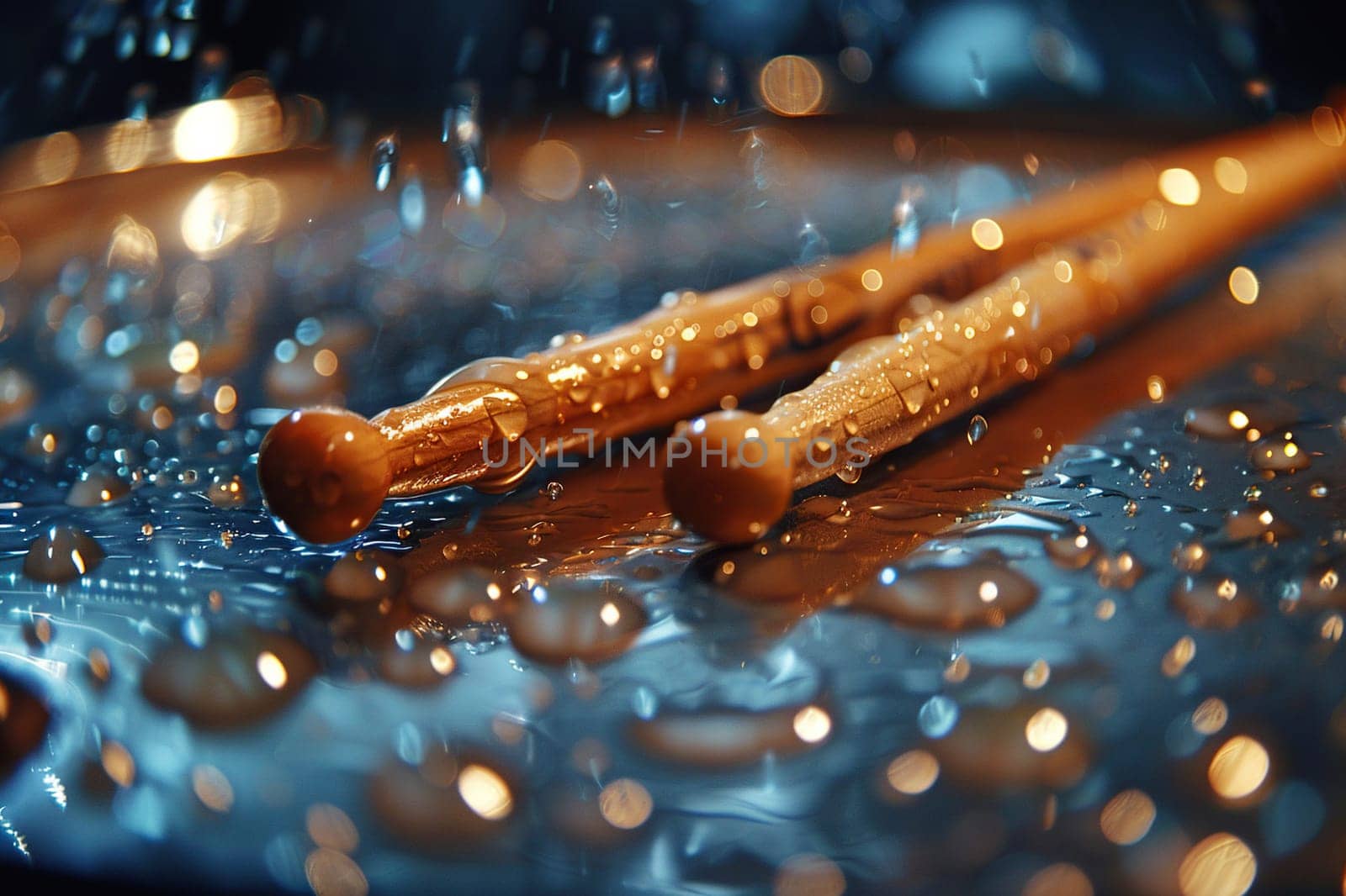 Drumsticks lie in the rain, close-up. Live music concept. Generative AI by Vovmar
