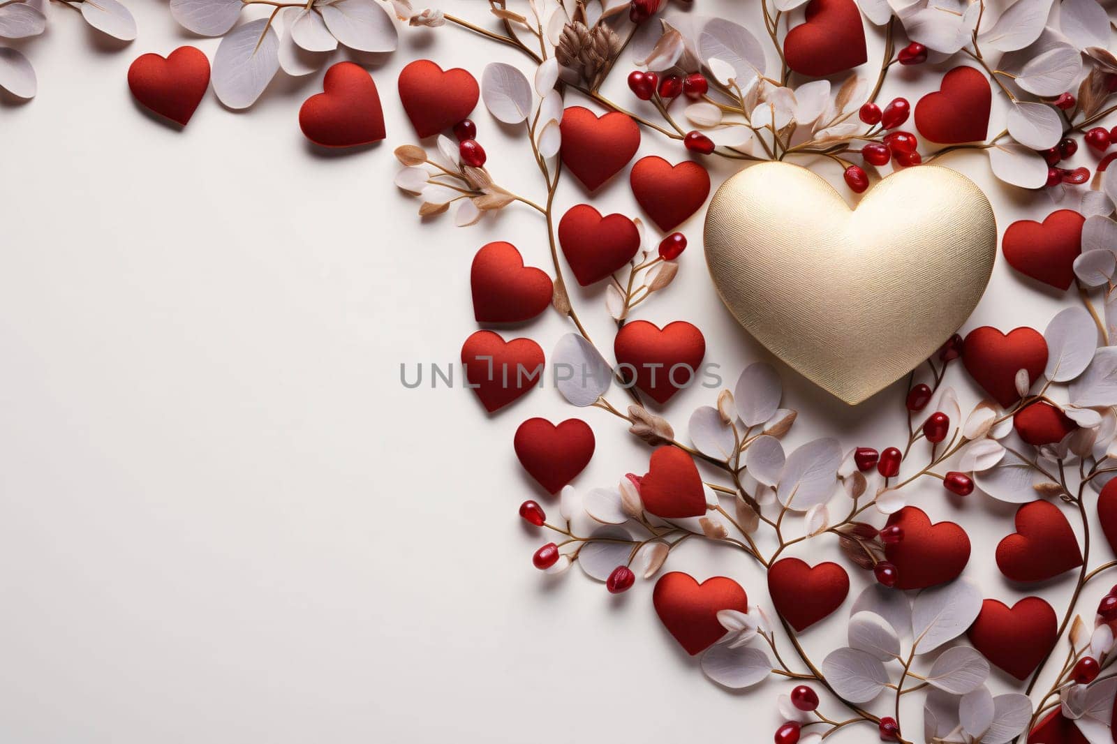 Gold heart and small branch with white leaves, red hearts.Valentine's Day banner with space for your own content. Heart as a symbol of affection and love.