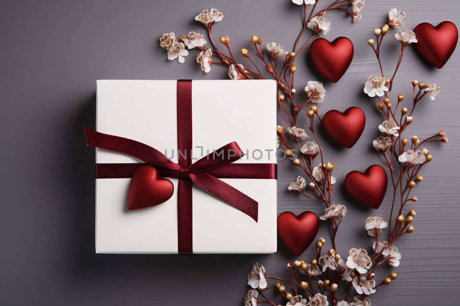 Top view of gift box with red bow, red hearts and pink flowers.Valentine's Day banner with space for your own content. Heart as a symbol of affection and love.