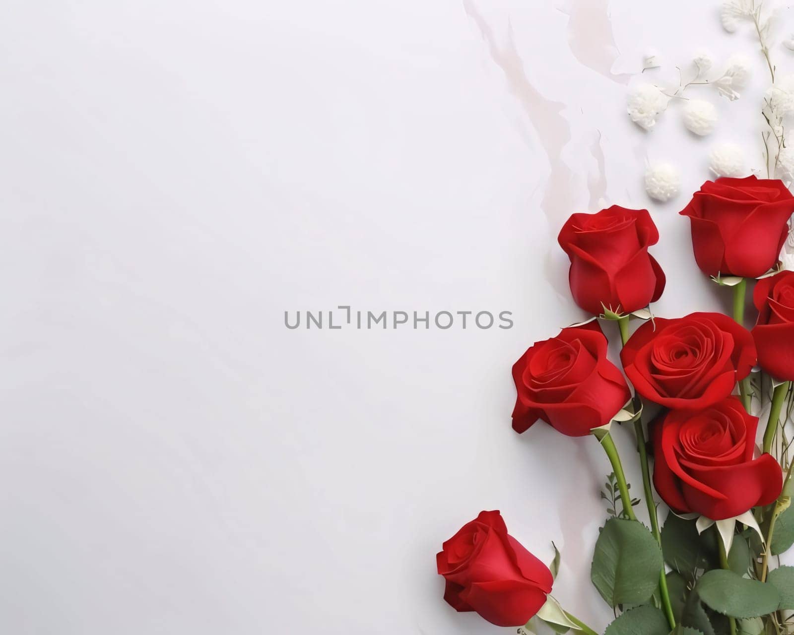 Red bouquet of roses on white background.Valentine's Day banner with space for your own content. Heart as a symbol of affection and love.