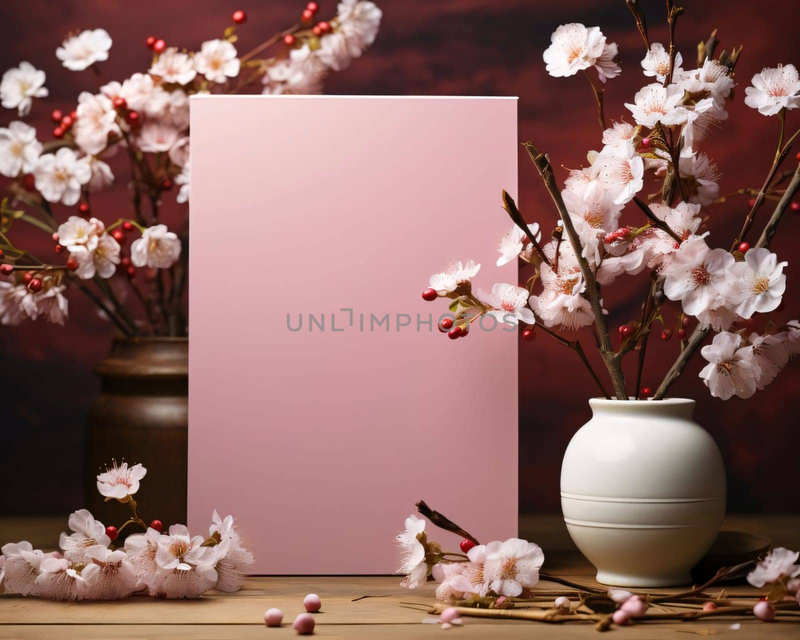 White blank card with space for your own content. Gazebos with white cherry blossoms in the back. Valentine's Day as a day symbol of affection and love. A time of falling in love and love.