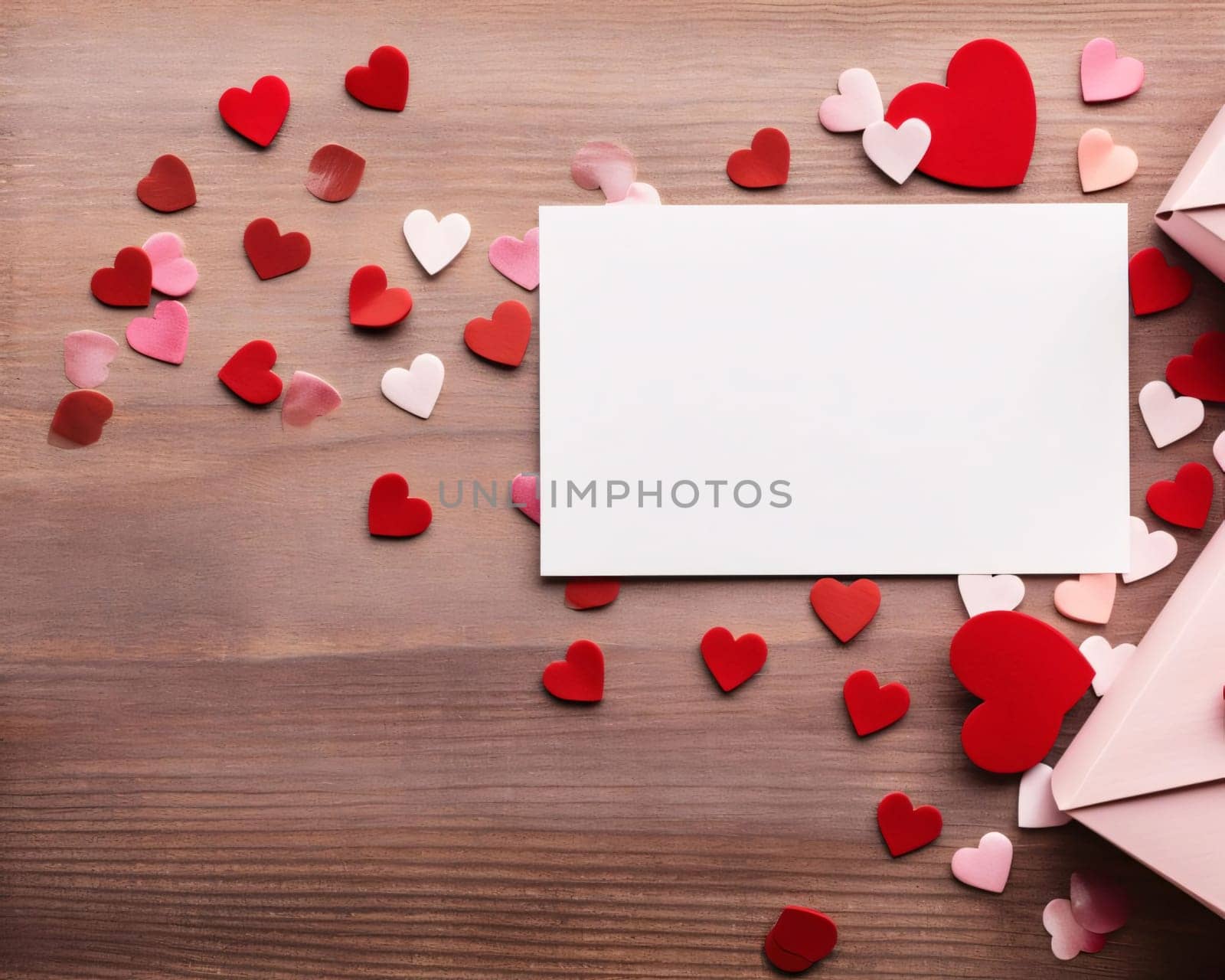 White blank card with space for your own content. A scattering of red, pink and white hearts on a wooden tabletop. Valentine's Day as a day symbol of affection and love. A time of falling in love and love.