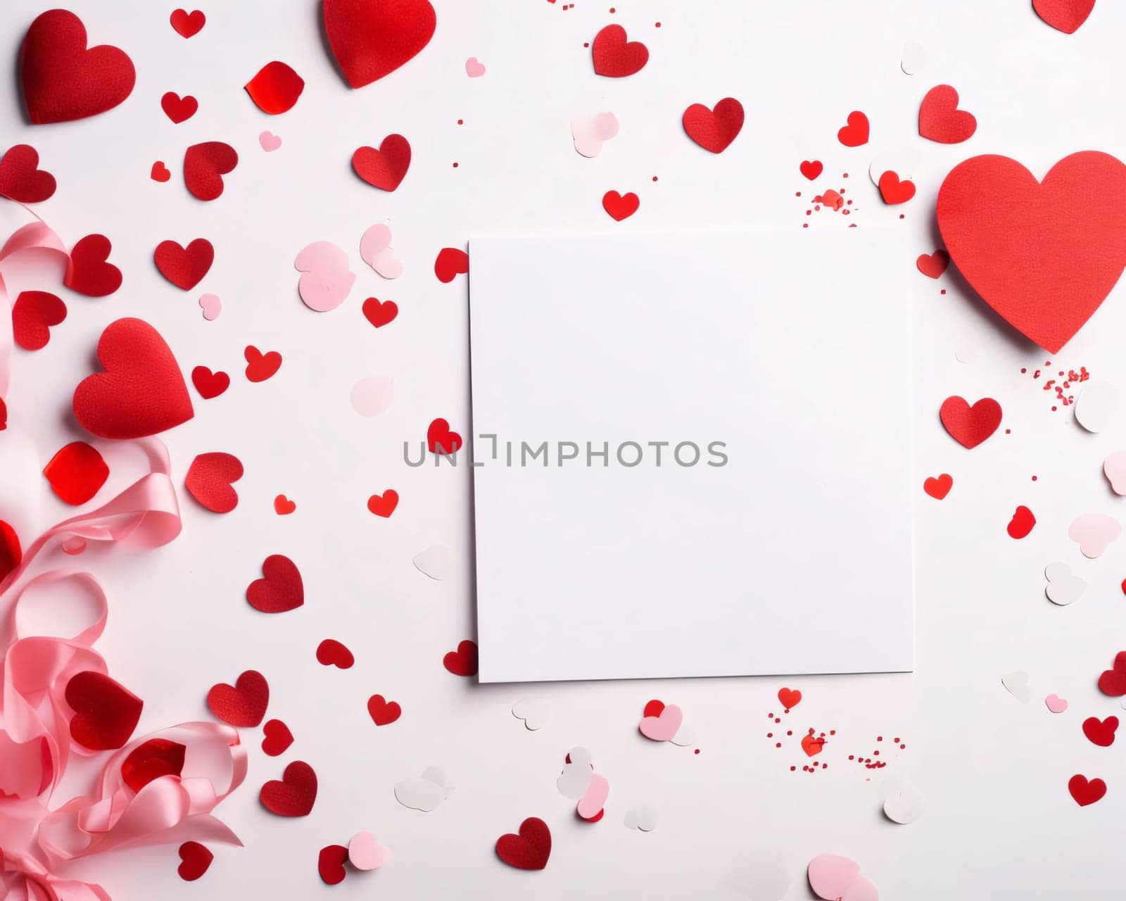 White blank card with space for your own content. All around red and pink hearts. Valentine's Day as a day symbol of affection and love. A time of falling in love and love.