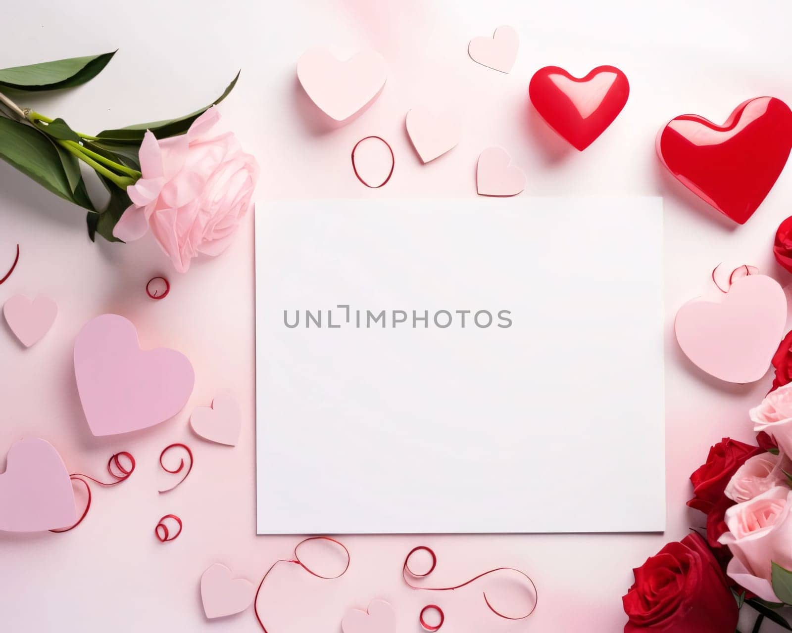 White blank card with space for your own content. Around red white and pink hearts and pink and red roses. Valentine's Day as a day symbol of affection and love. A time of falling in love and love.