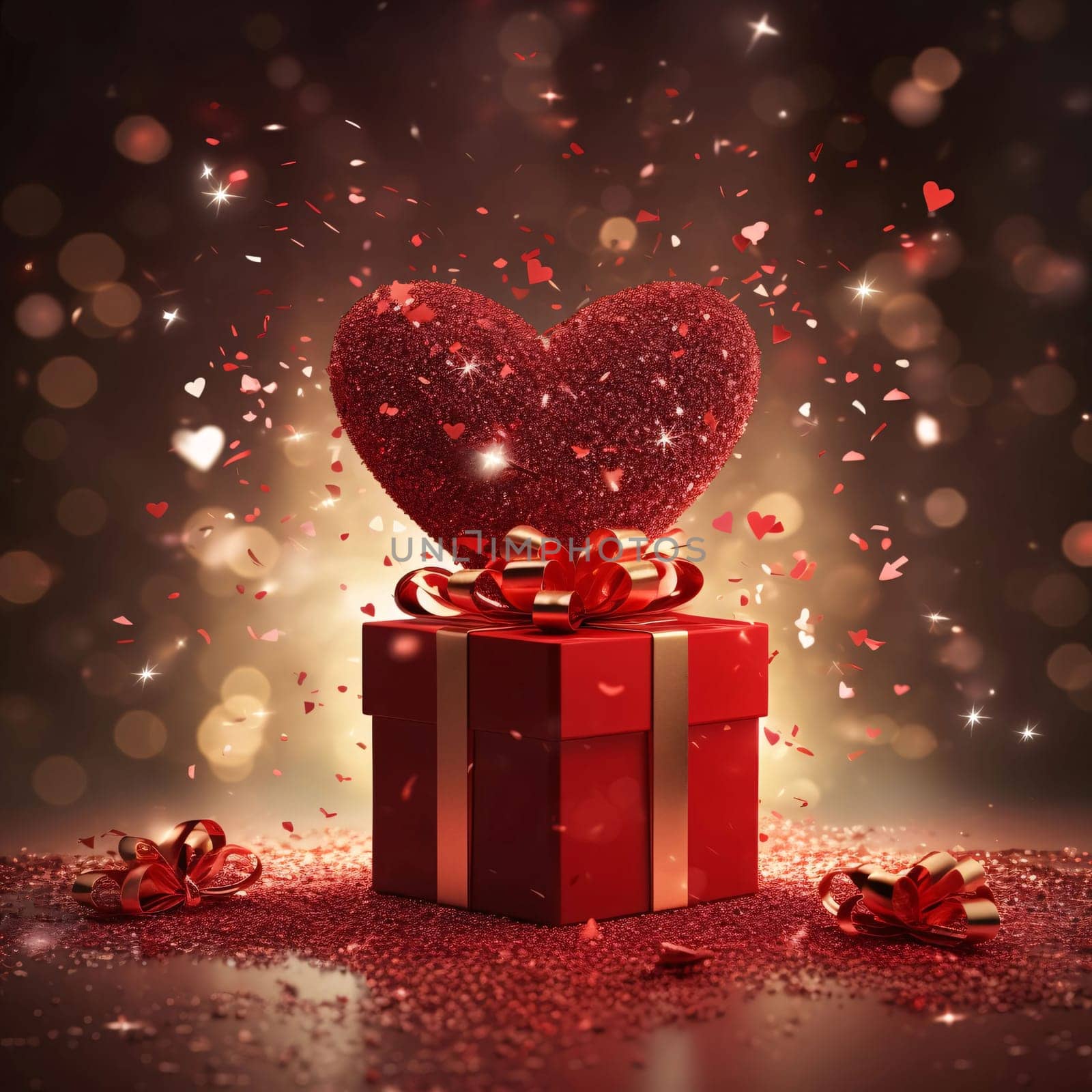 Red gift with red bow in the background, red heart around red glitter in the background side effect. Gifts as a day symbol of present and love. A time of falling in love and love.