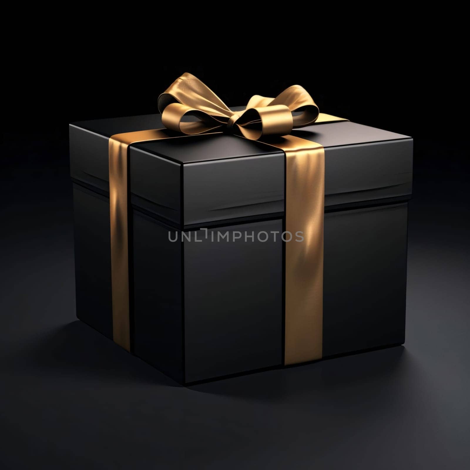 Black gift, box with gold bow, black background. Gifts as a day symbol of present and love. A time of falling in love and love.