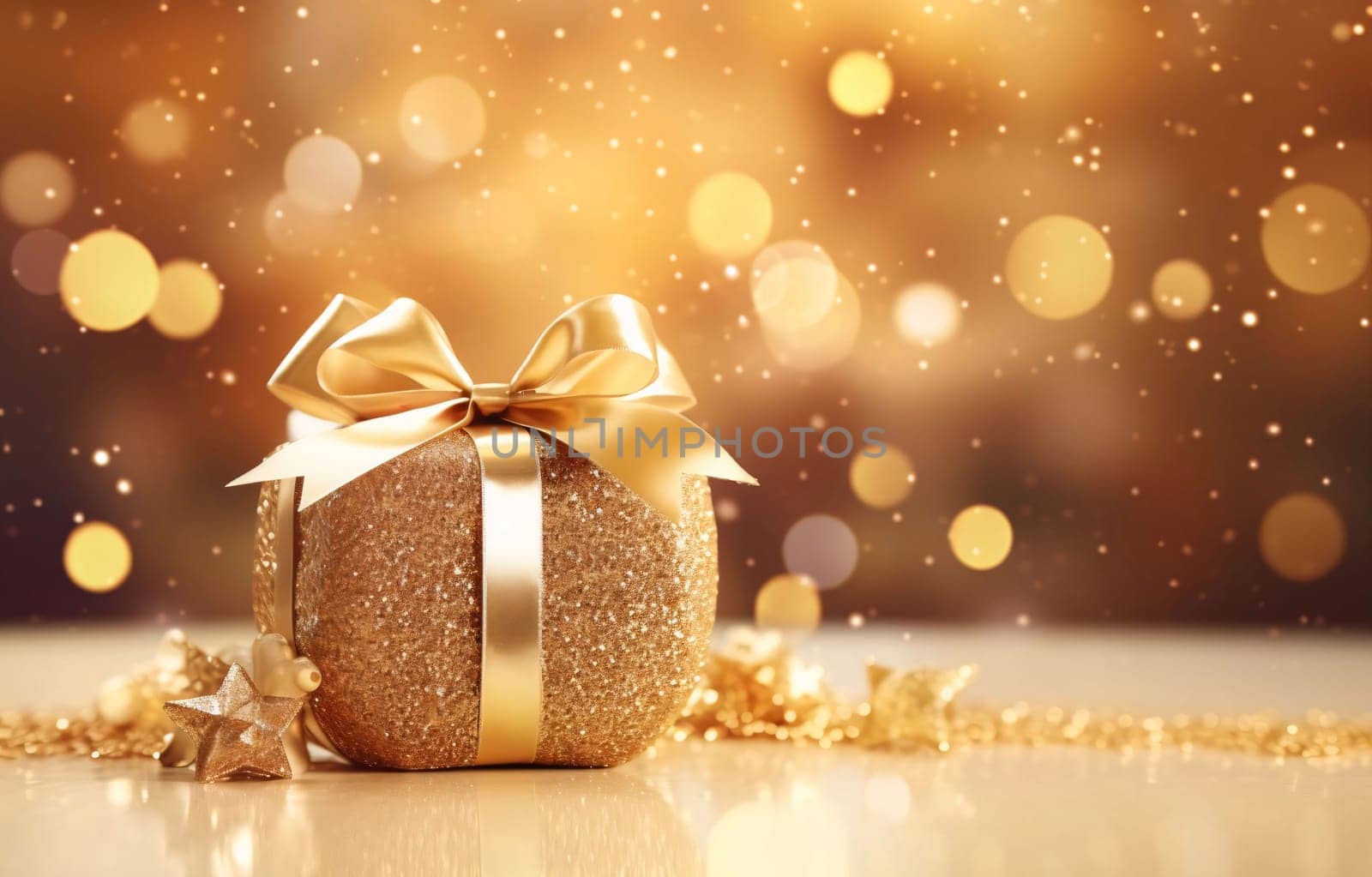 Gold gift with glitter with gold bow around glitter in the background gold effect sides. Gifts as a day symbol of present and love. A time of falling in love and love.