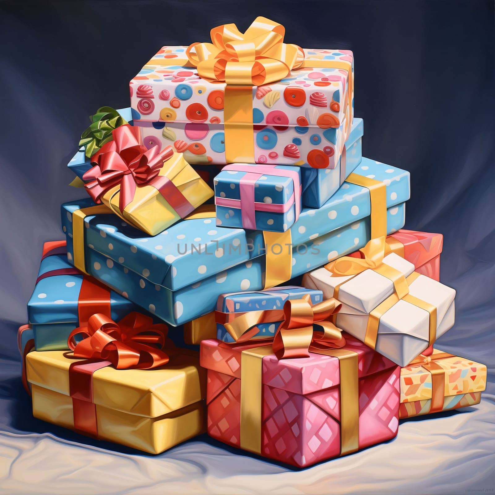 Heap of colorful gifts with bows on dark background, illustration. Gifts as a day symbol of present and love. A time of falling in love and love.