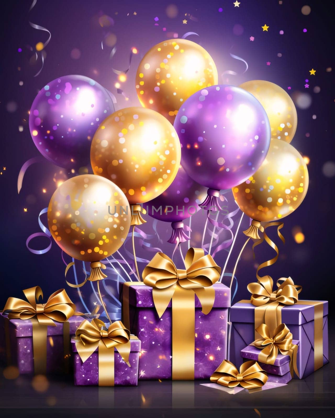 Purple gifts with stars, gold bows, above them balloons. Dark background. Gifts as a day symbol of present and love. A time of falling in love and love.