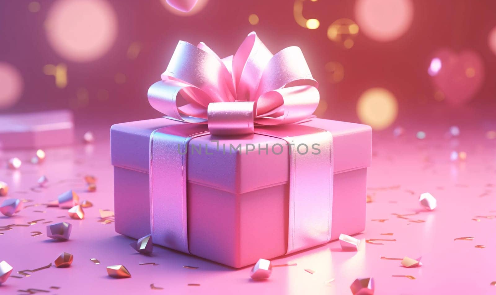Pink gift with a pink bow around scattered diamonds, stones, confetti streamers. Gifts as a day symbol of present and love. A time of falling in love and love.