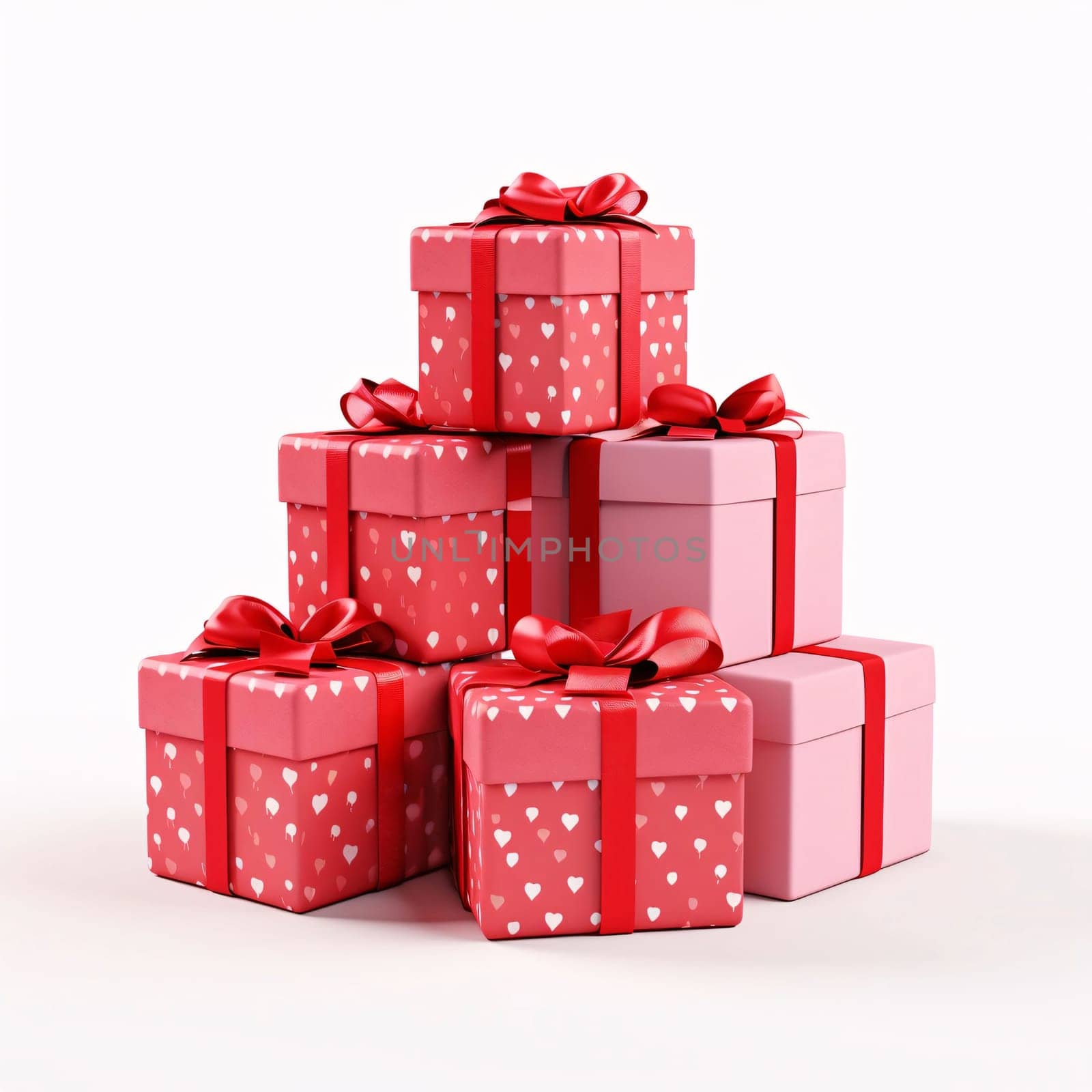 White gifts with red hearts and red bows, white isolated background. Gifts as a day symbol of present and love. A time of falling in love and love.