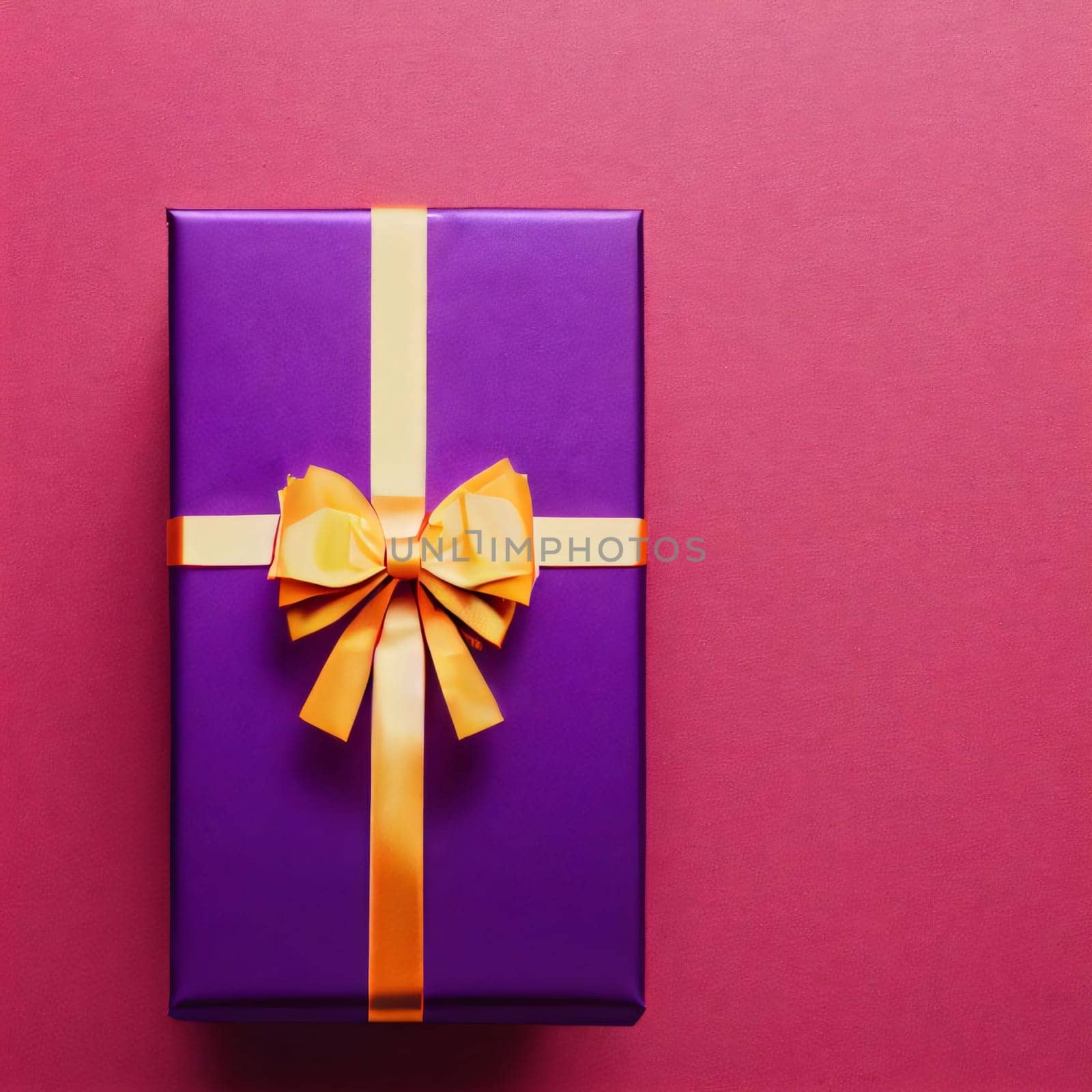 Top view of purple gift with gold bow pink background. Gifts as a day symbol of present and love. A time of falling in love and love.