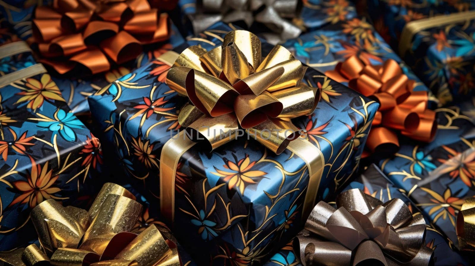 Blue packages, gifts with gold silver bows. Gifts as a day symbol of present and love. A time of falling in love and love.
