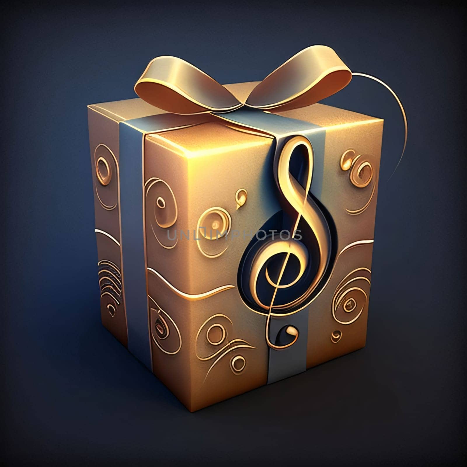 Illustration of a golden gift with a violin key. Dark background. Gifts as a day symbol of present and love. A time of falling in love and love.