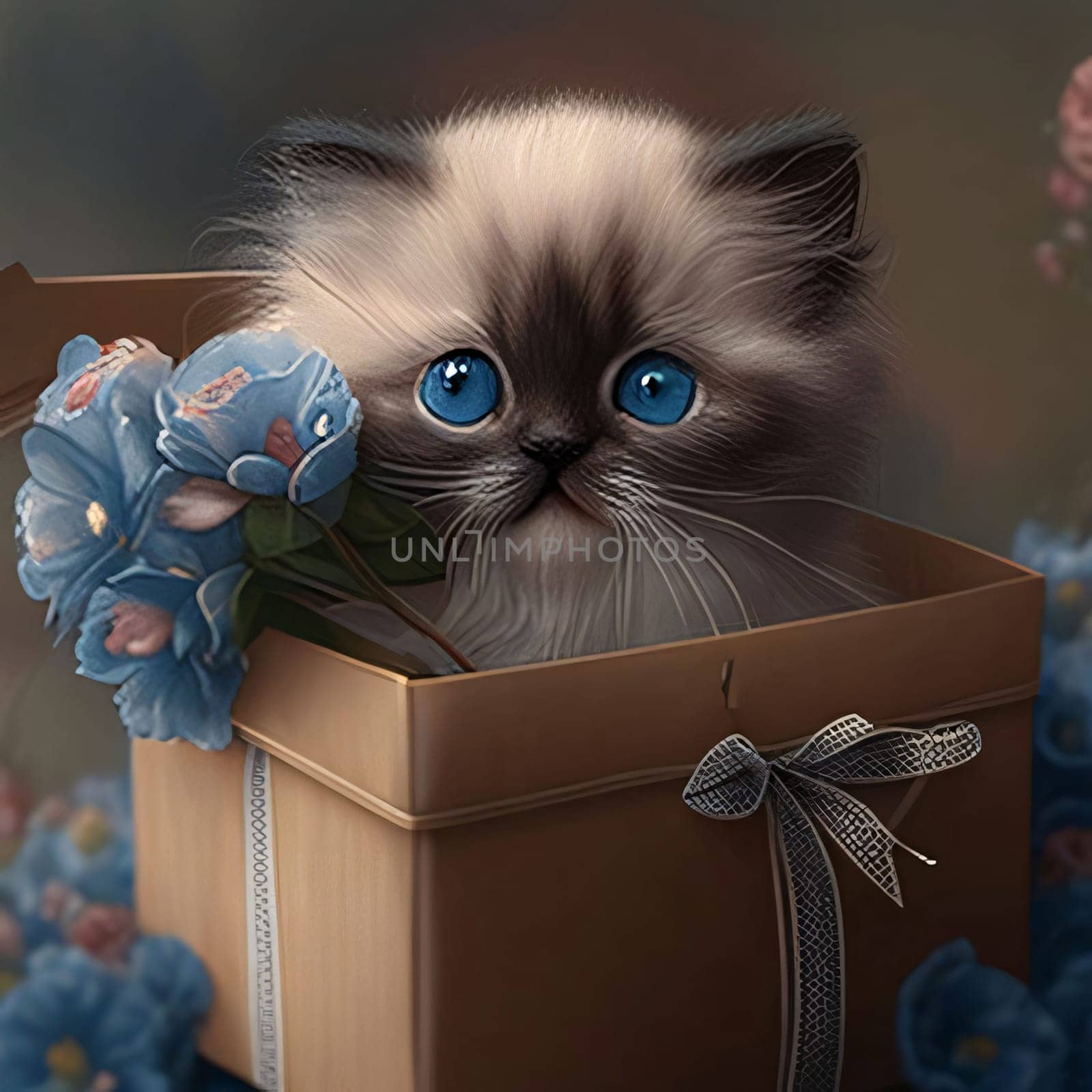 Tiny cat in a box around blue flowers. Gifts as a day symbol of present and love. A time of falling in love and love.