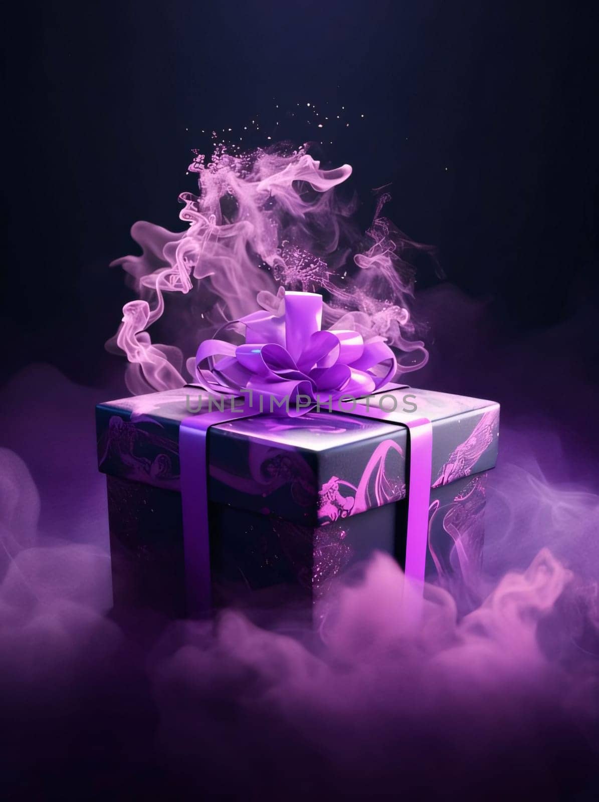 Black and purple gift, box, around purple smoke, purple bow, dark background. Gifts as a day symbol of present and love. A time of falling in love and love.