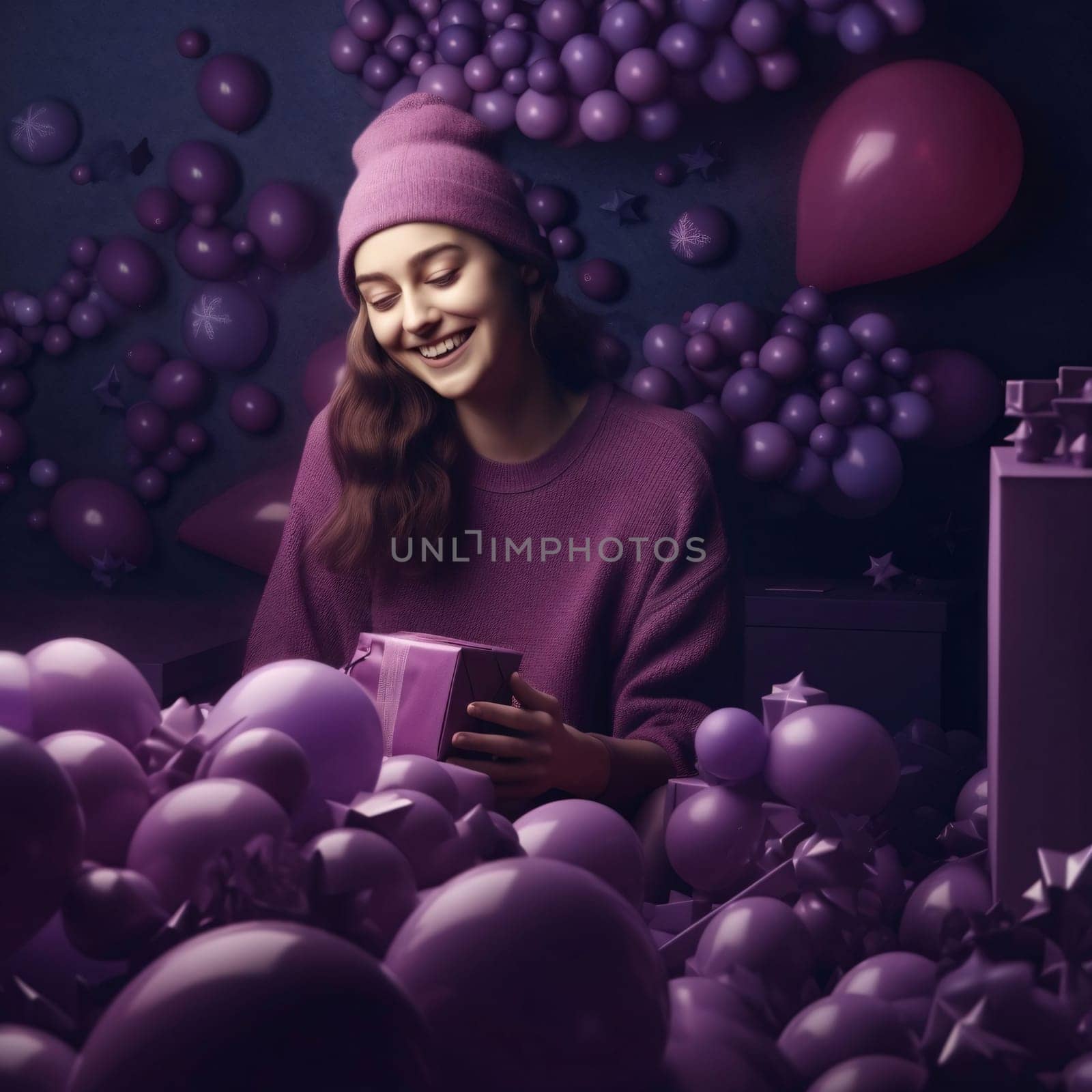 Purple balloons around a woman in a purple outfit. Gifts as a day symbol of present and love. A time of falling in love and love.