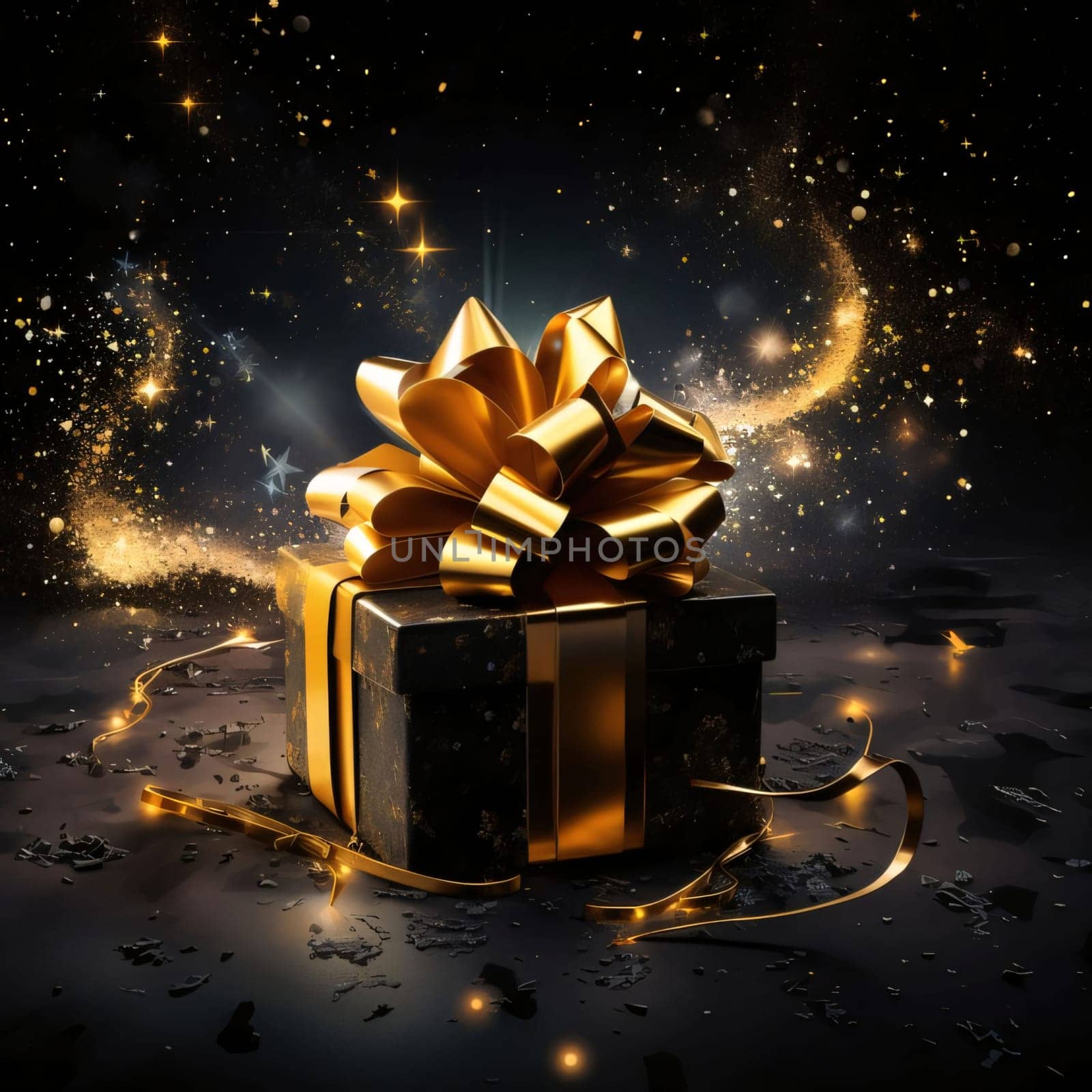 Black box, gift with gold bow, gold dust, serpentine and bokeh effect in the background. Gifts as a day symbol of present and love. A time of falling in love and love.