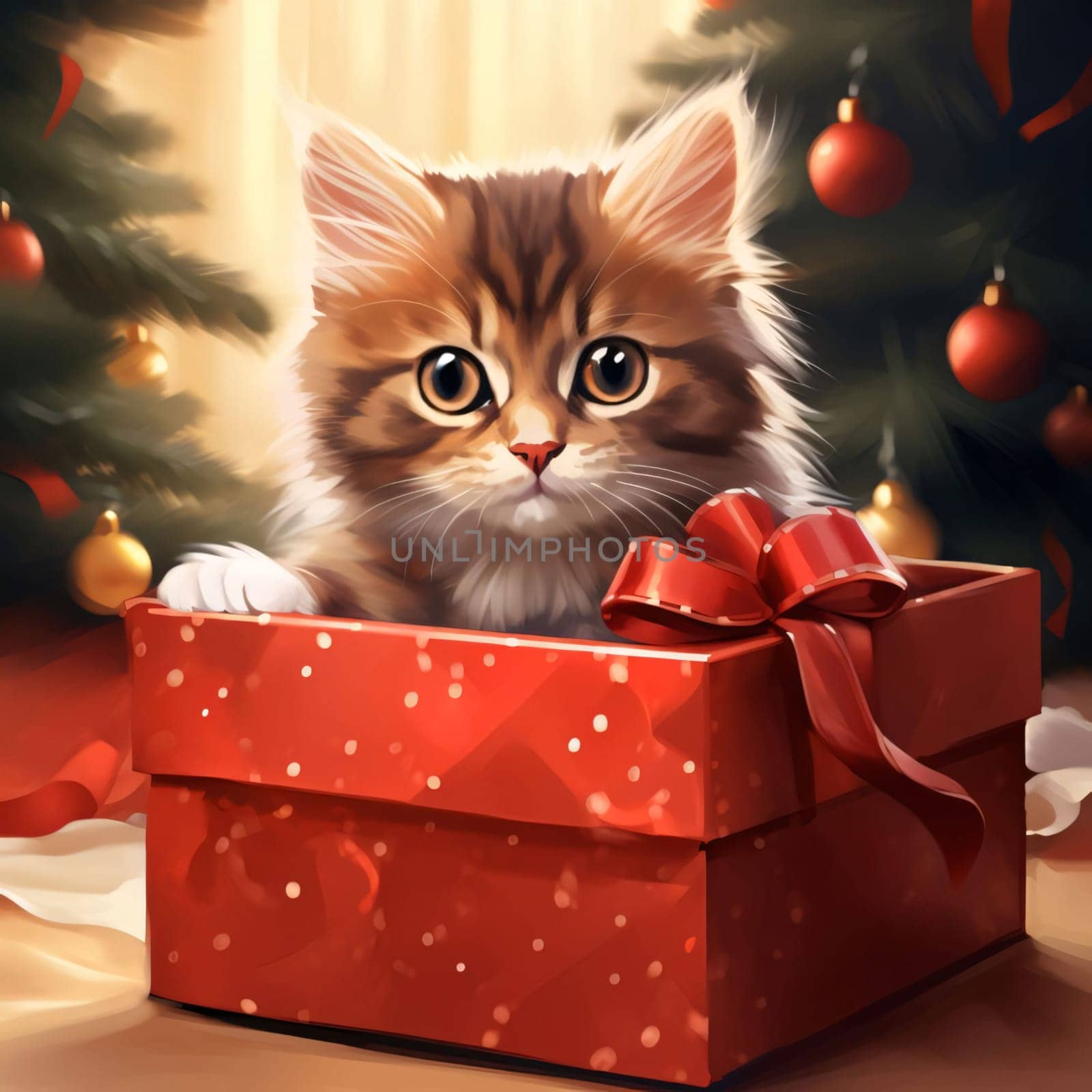 A tiny cat in a red box, a gift with bows. Gifts as a day symbol of present and love. A time of falling in love and love.