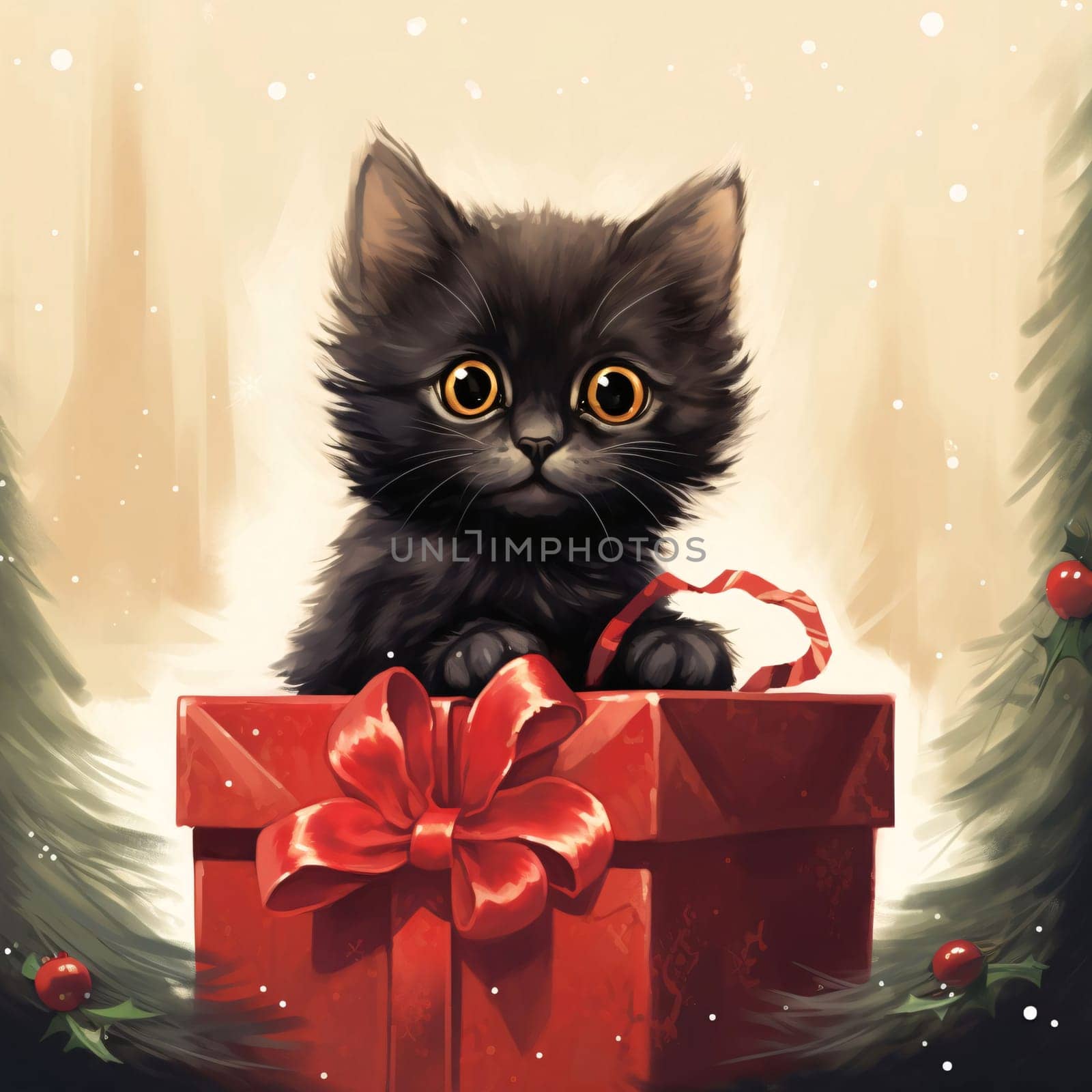 Tiny black cat in a red box, a gift with bows. Gifts as a day symbol of present and love. by ThemesS