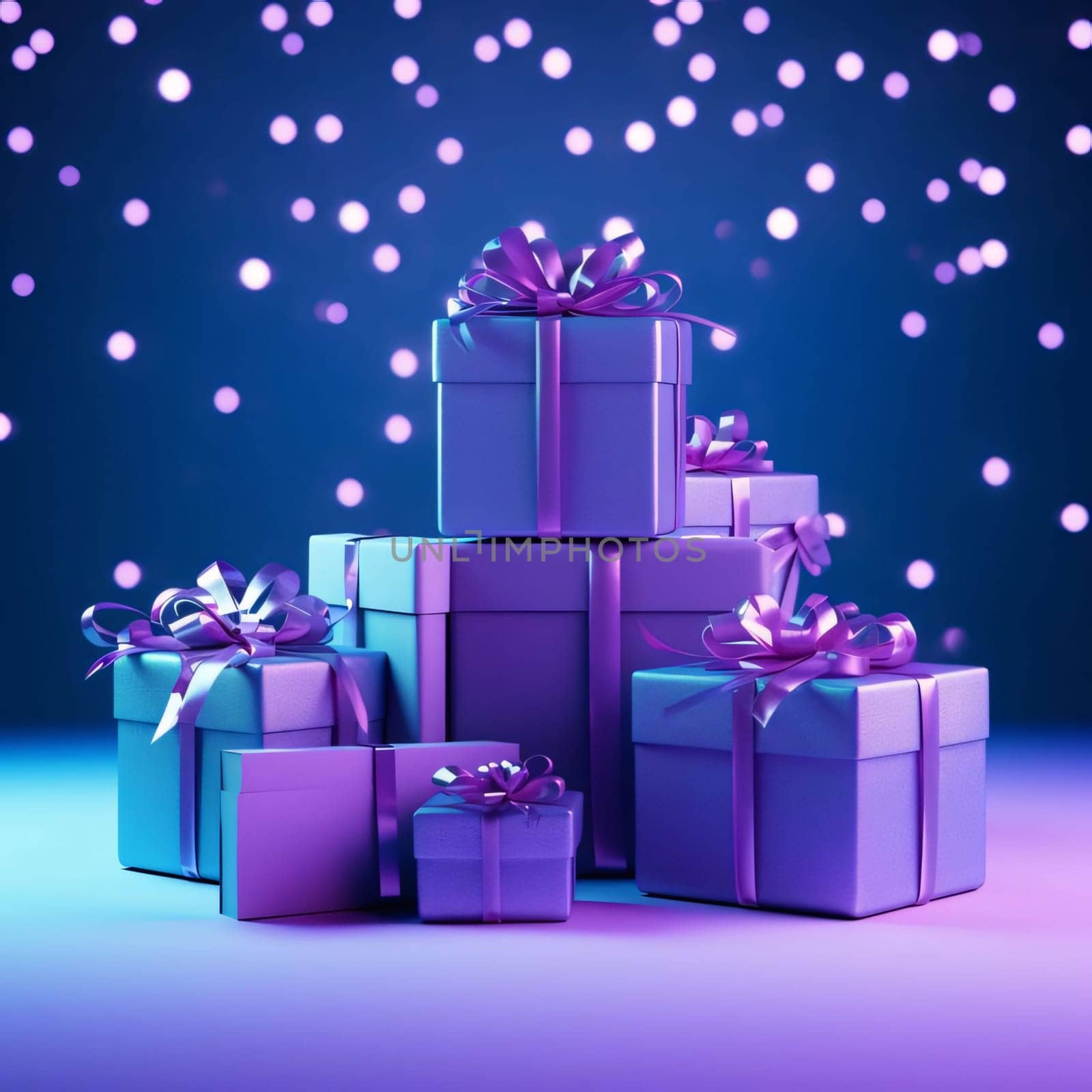 Blue gift mountain with purple bows, blue bokech effect. Gifts as a day symbol of present and love. A time of falling in love and love.