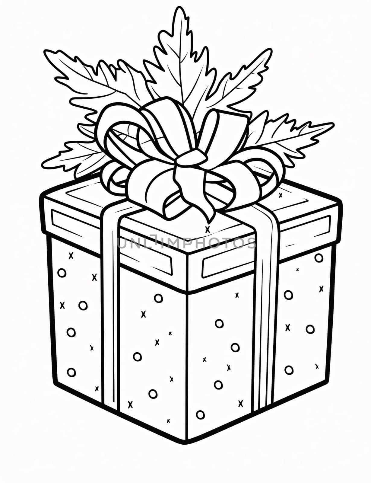 Black and white coloring card; gift with a bow. Gifts as a day symbol of present and love. A time of falling in love and love.