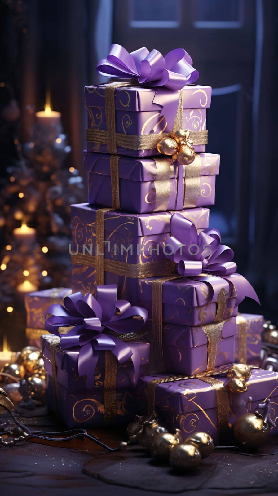 Stacked purple gifts with bows, Christmas tree baubles all around. Gifts as a day symbol of present and love. by ThemesS