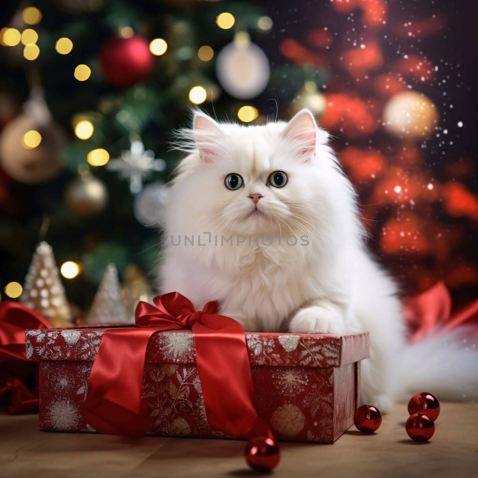 Small white cat over a gift, jumping card in the background, smudged Christmas tree. Gifts as a day symbol of present and love. A time of falling in love and love.