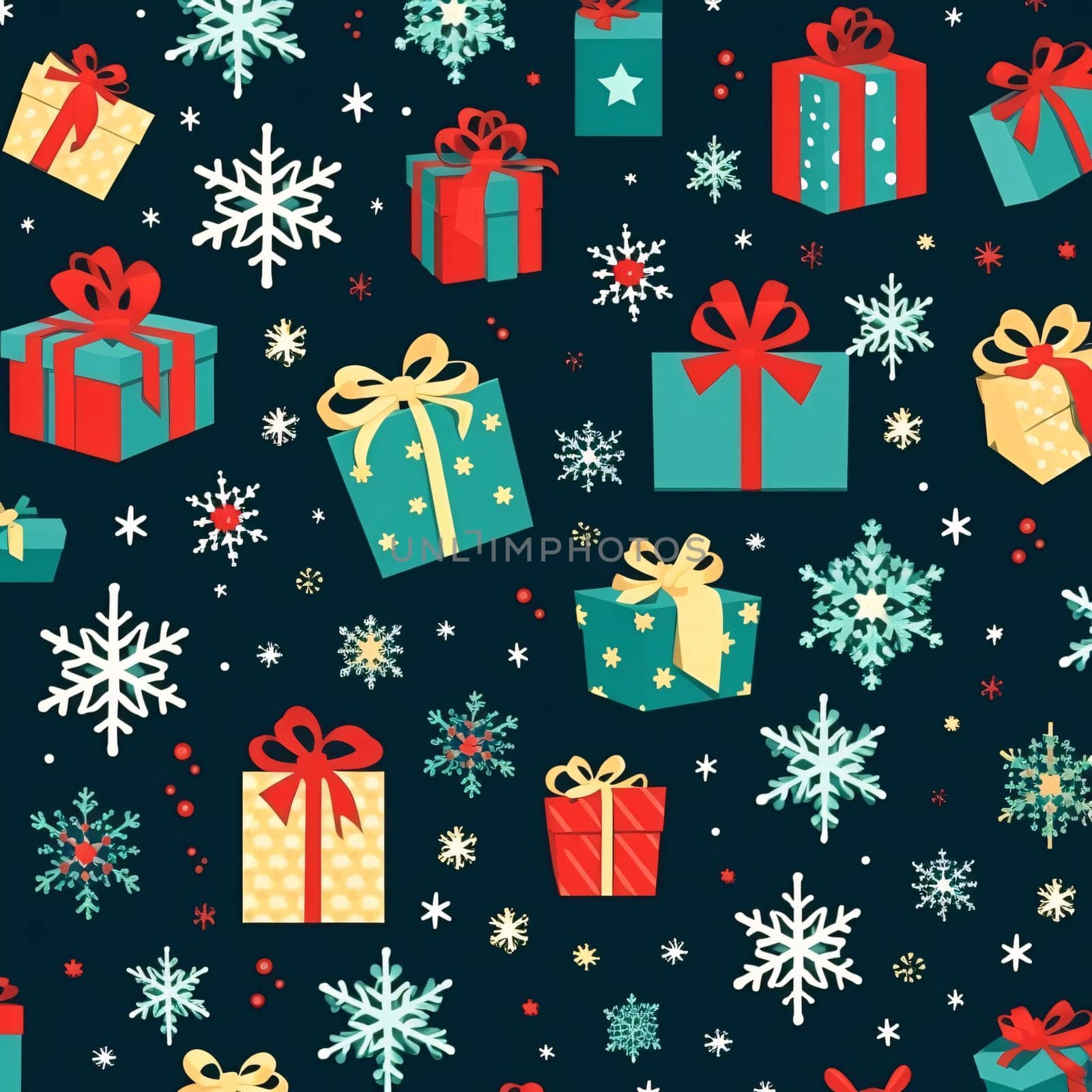 Elegant and modern. Colorful gifts with bows and snowflakes as abstract background, wallpaper, banner, texture design with pattern - vector.