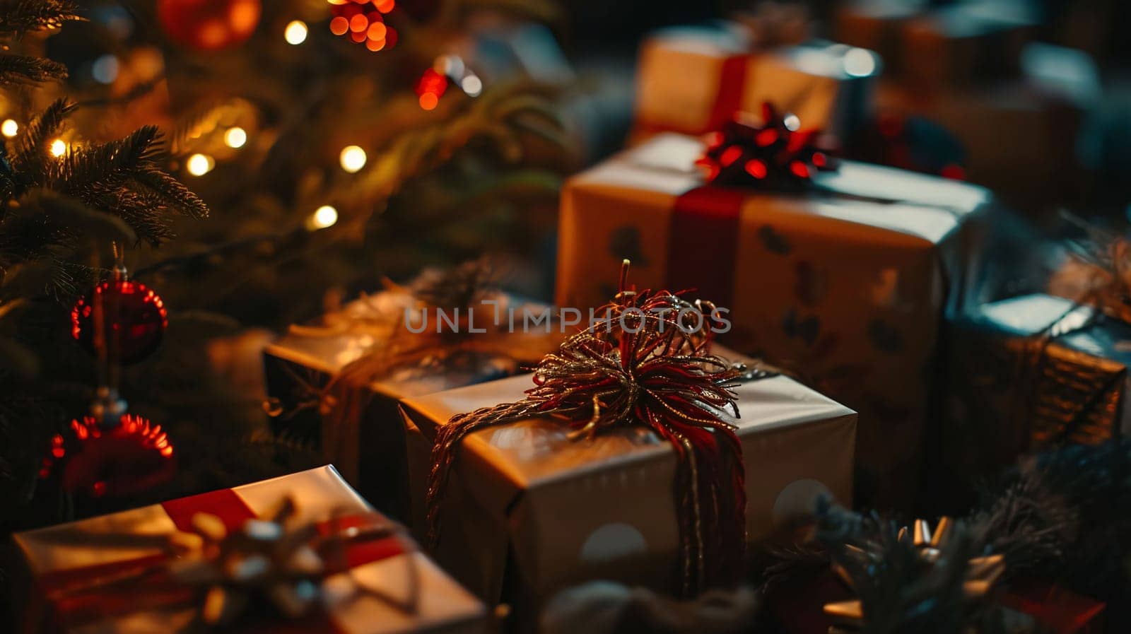 Gifts with bows under the Christmas tree, smudged background. Gifts as a day symbol of present and love. A time of falling in love and love.