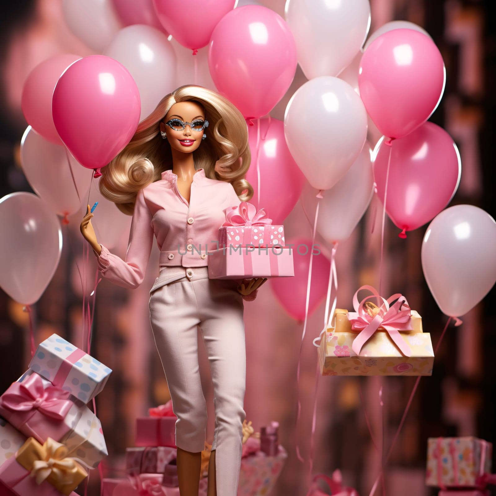 Blonde-haired Barbie doll, next to pink balloons and gifts. Gifts as a day symbol of present and love. by ThemesS