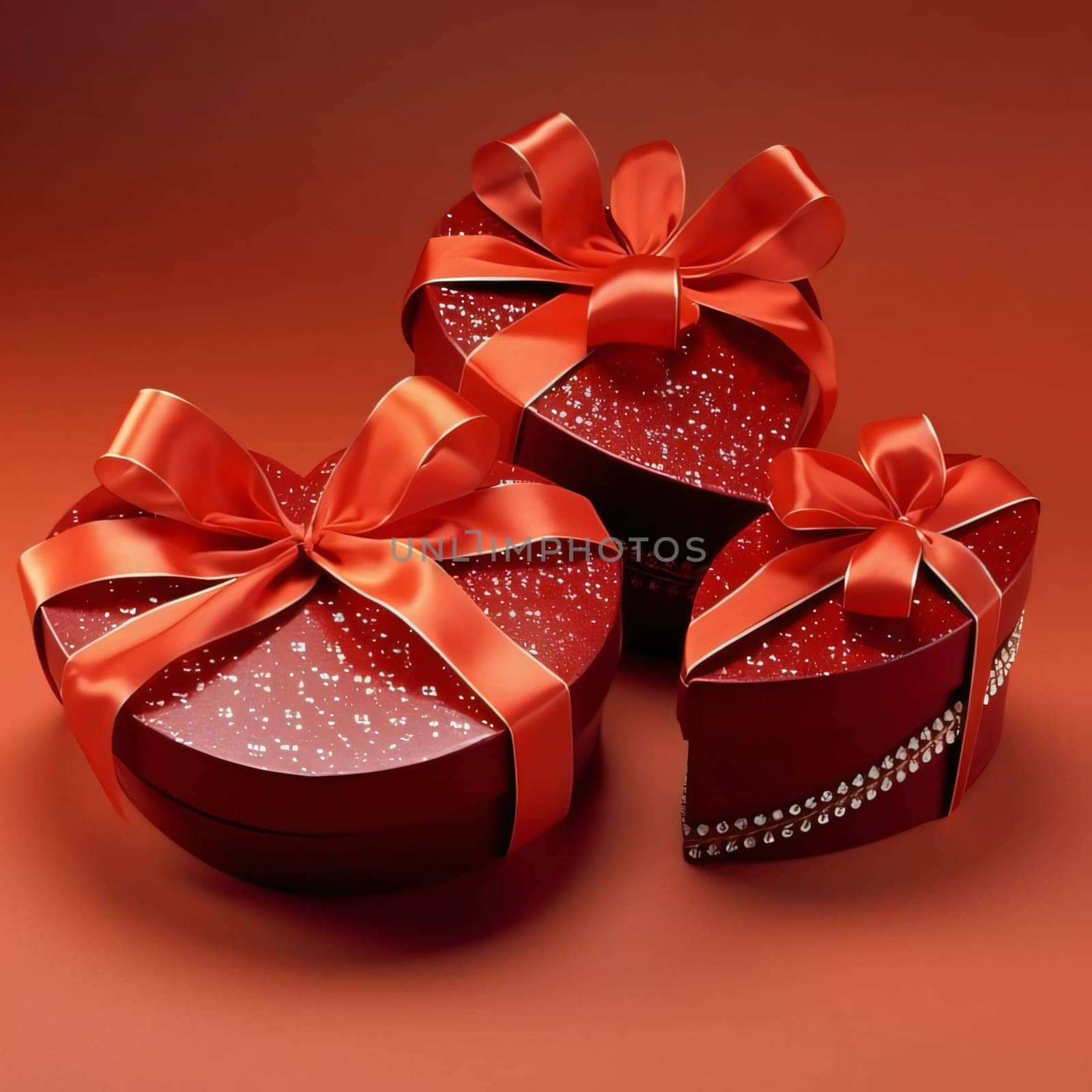 Red gifts with bows, On a red background. Gifts as a day symbol of present and love. A time of falling in love and love.