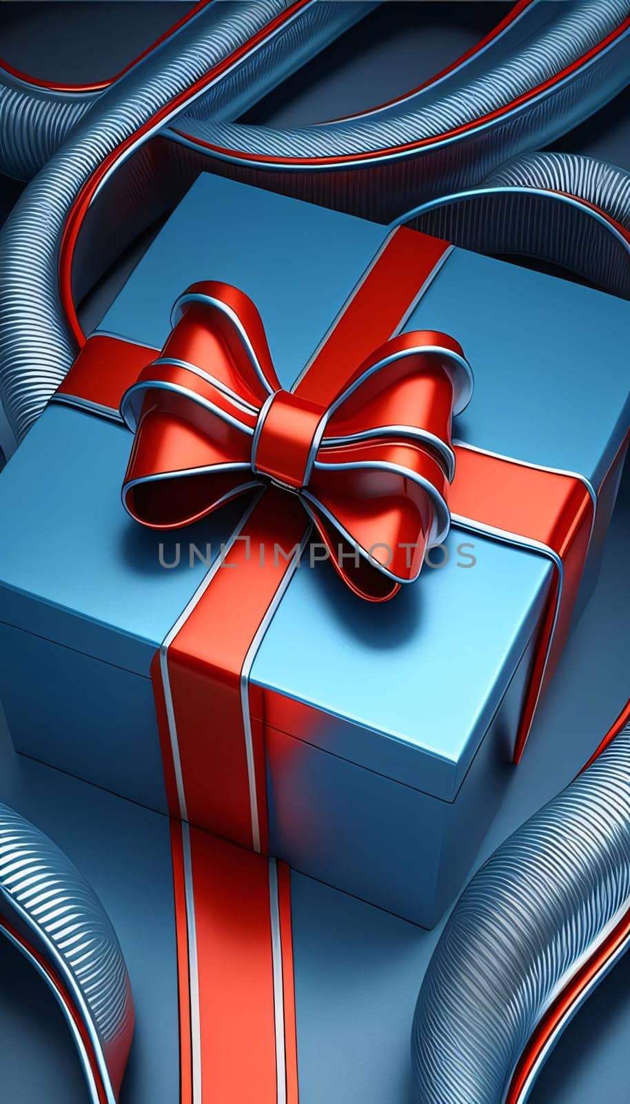 Blue gift with red bow, futuristic image. Gifts as a day symbol of present and love. by ThemesS